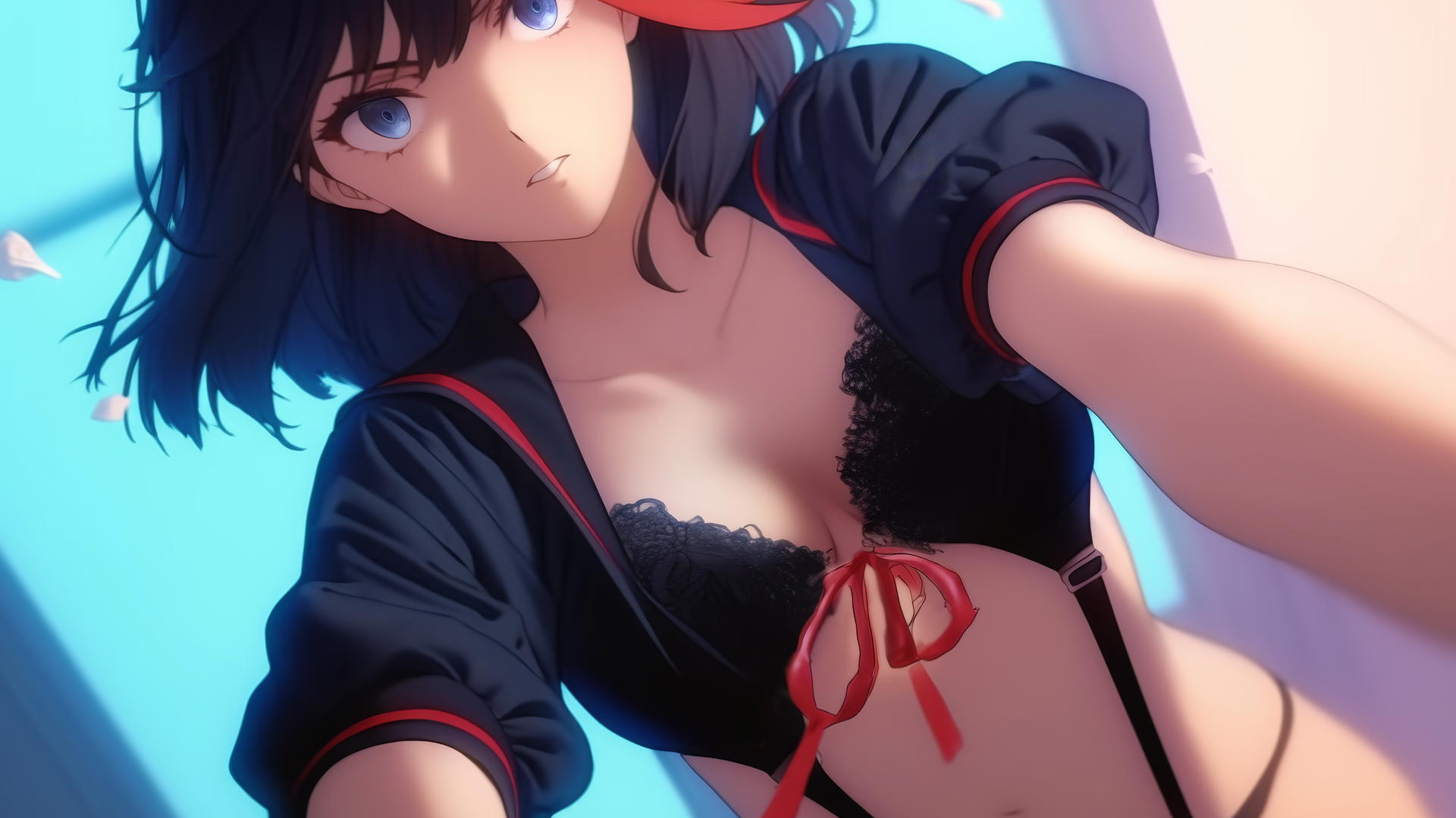 Ryuko Matoi kneeling and leaning forward with gear-shaped pupils in a warm glow