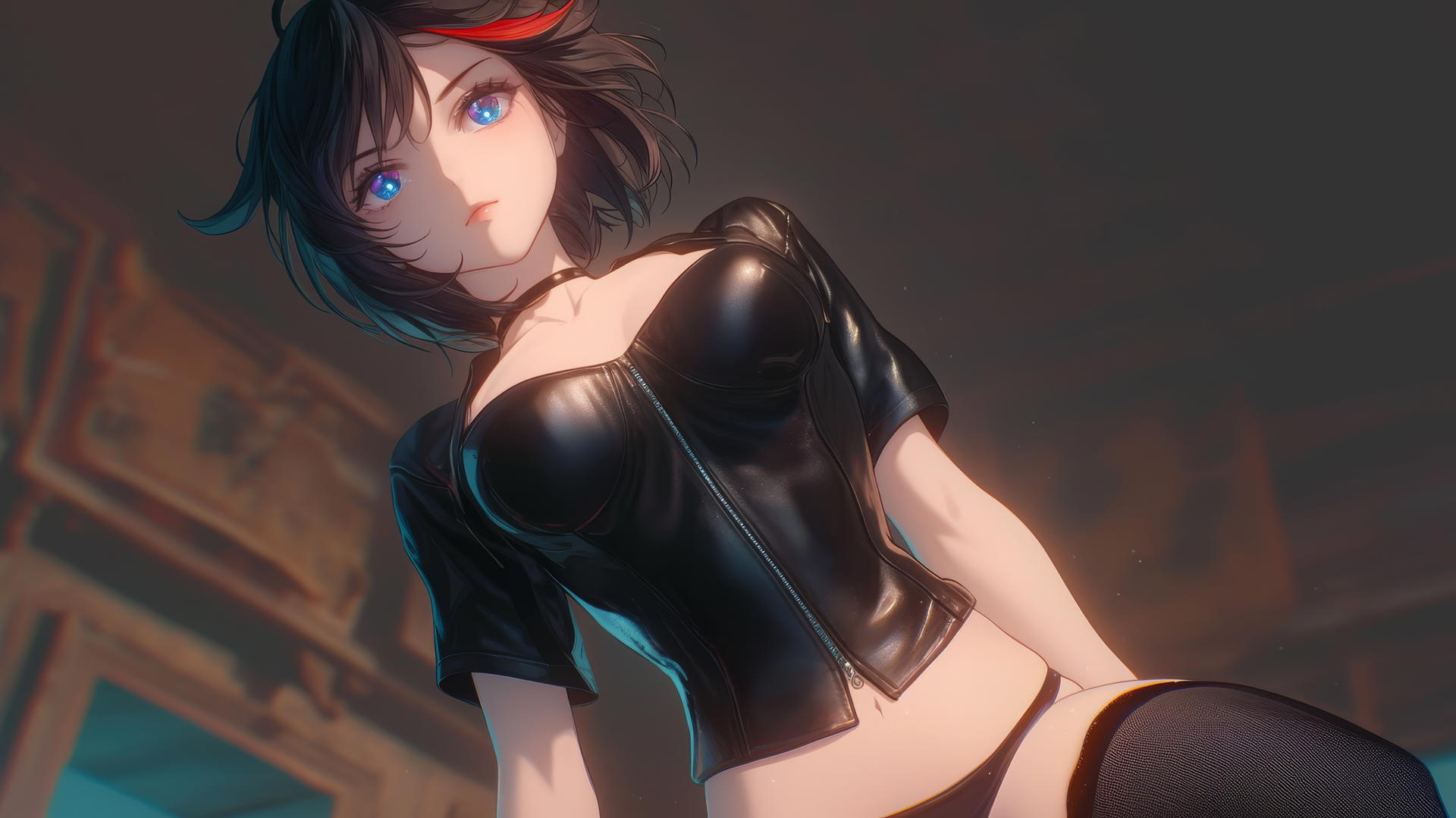 Ryuko Matoi kneeling, looking down with gear-shaped pupils and warm light