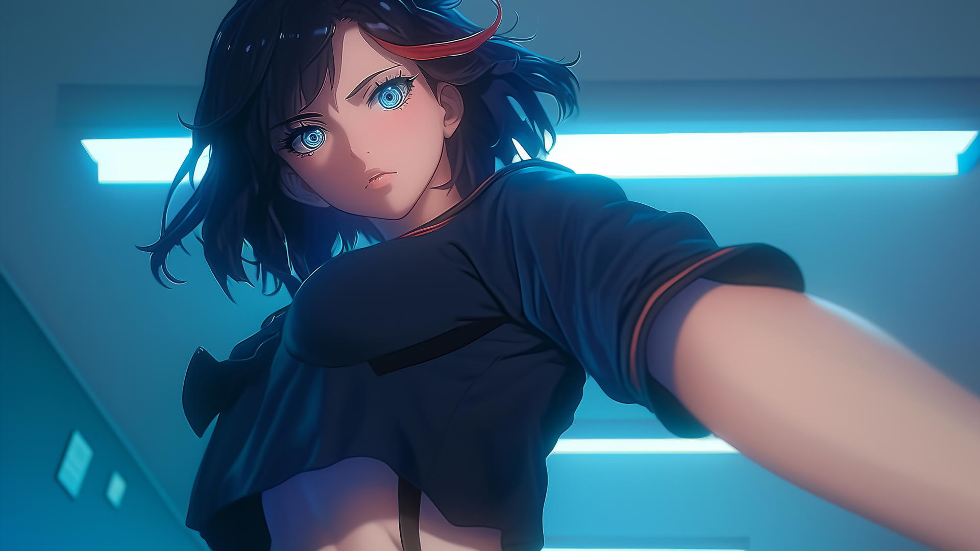 Ryuko Matoi kneeling and leaning, with red streak in black hair and gear-shaped pupils, warm light.