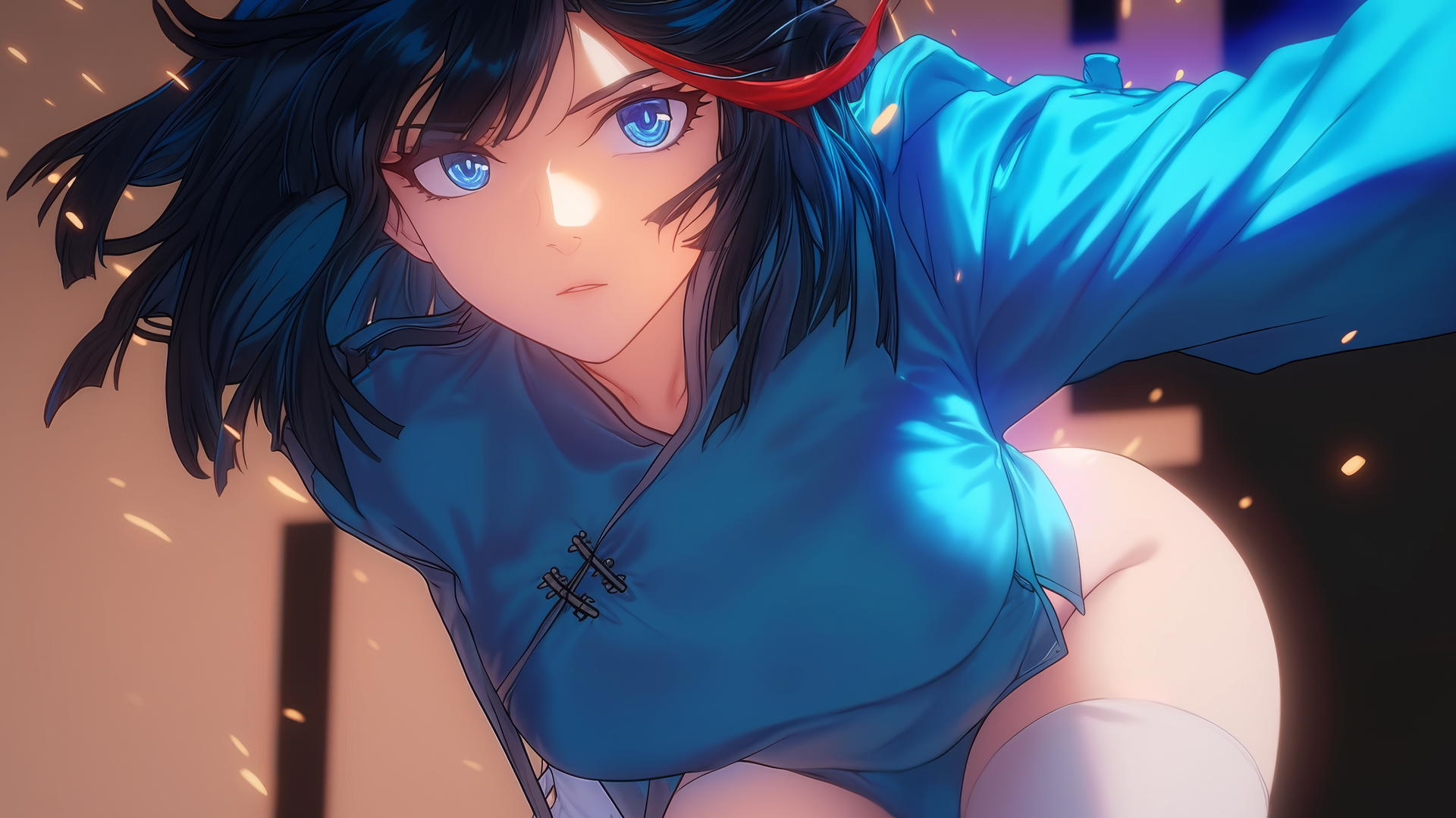 Ryuko Matoi with red streak in black hair, kneeling, warm glow, gear-shaped pupils