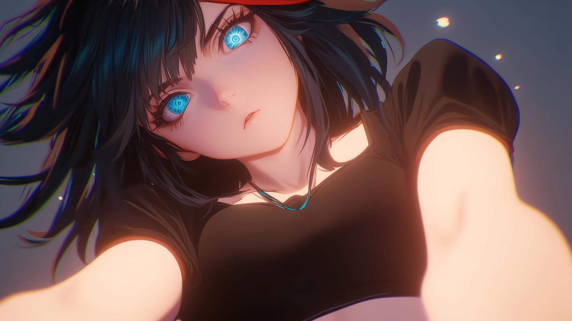 Ryuko Matoi kneeling, leaning forward with gear-shaped pupils and red-streaked hair, warm light