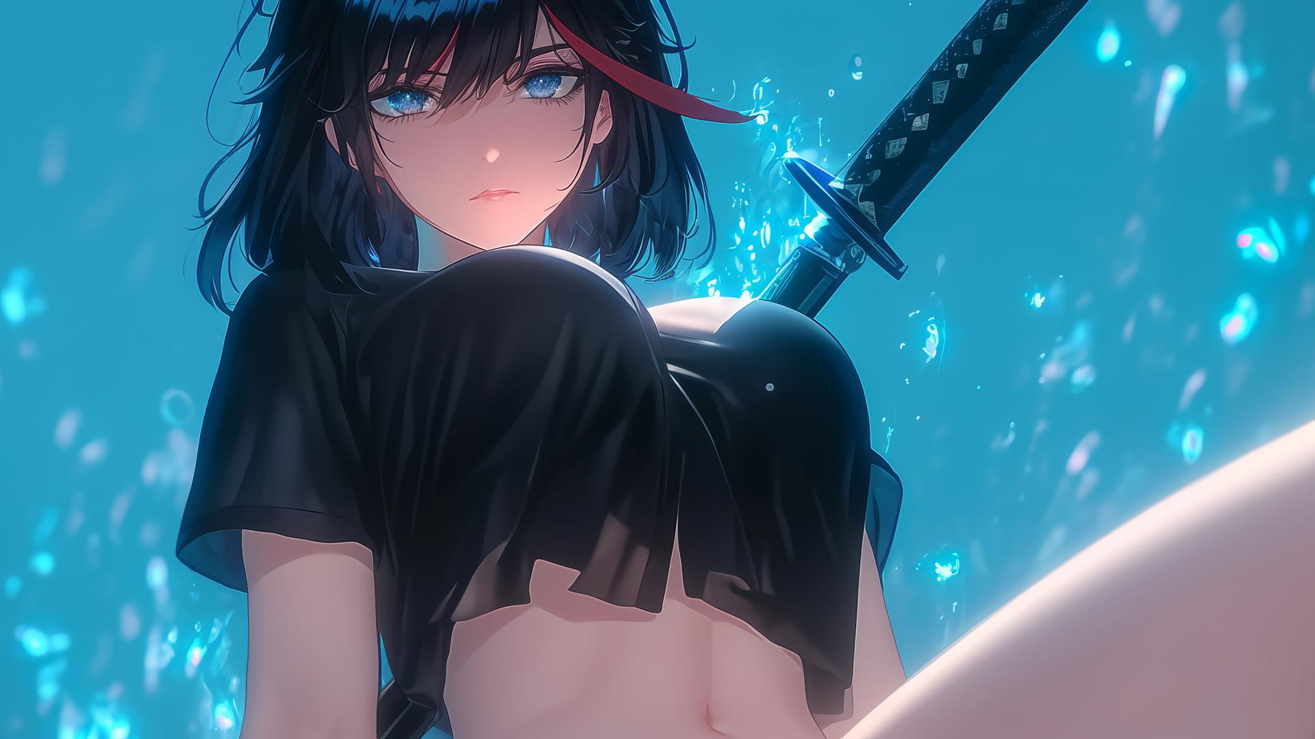 Ryuko Matoi with red streak in hair kneeling, warm light, ceiling background.