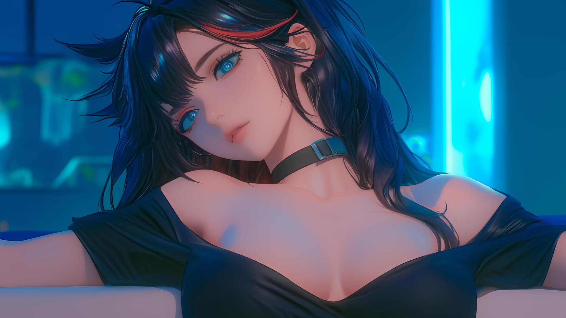 Ryuko Matoi with black hair and a single red streak, blue eyes with gear-shaped pupils, in a modern apartment with neon light