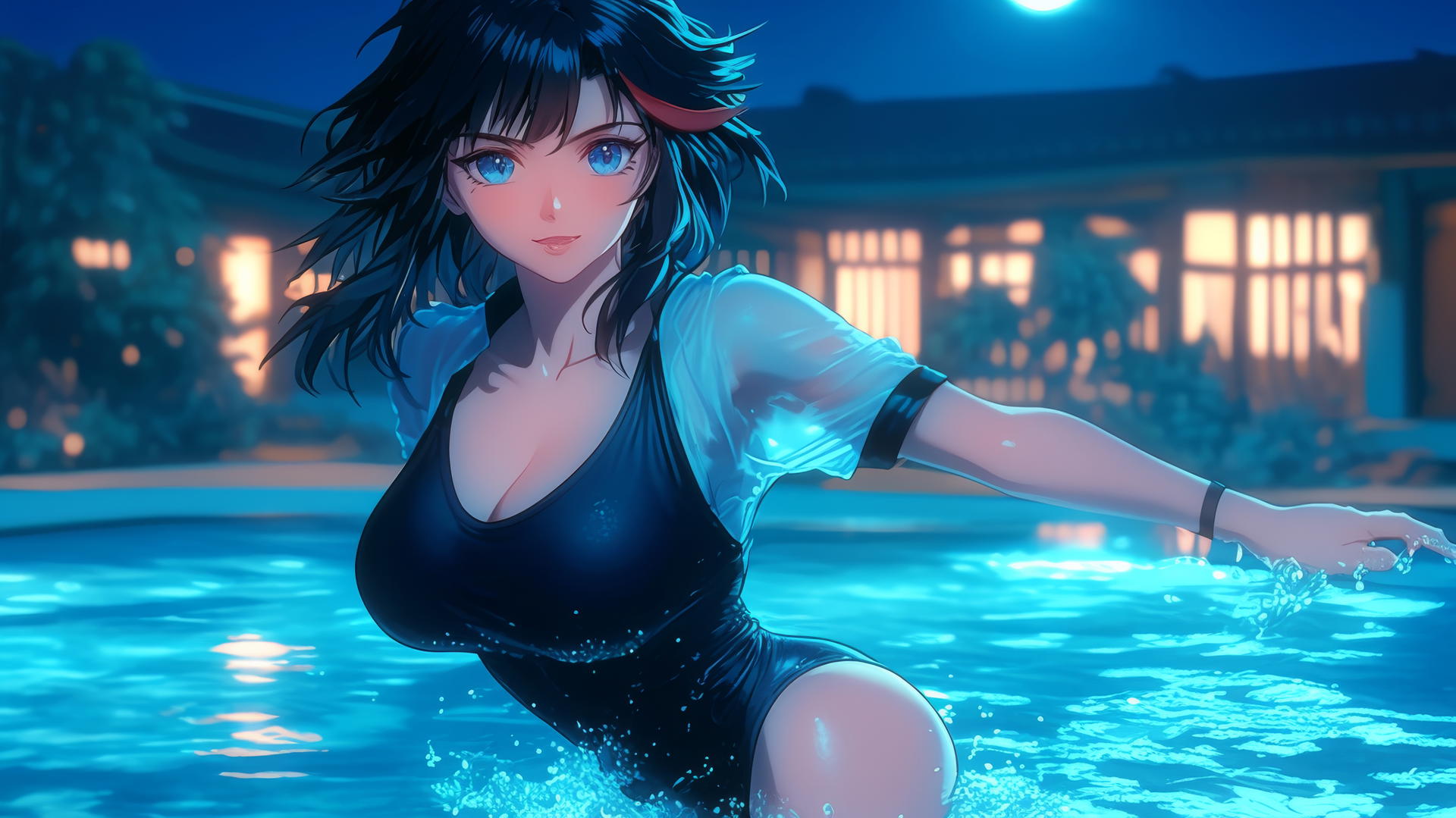 Ryuko Matoi with black feathery hair and red streak, blue eyes with gear-shaped pupils, jumping out of a swimming pool under moonlight.