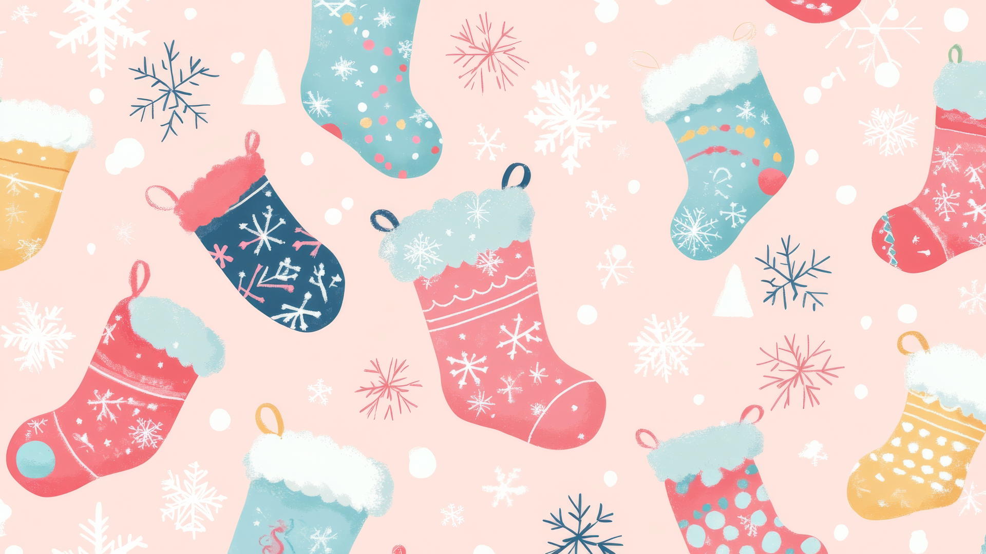 preppy Christmas wallpaper with pastel stockings, snowflakes on pink background