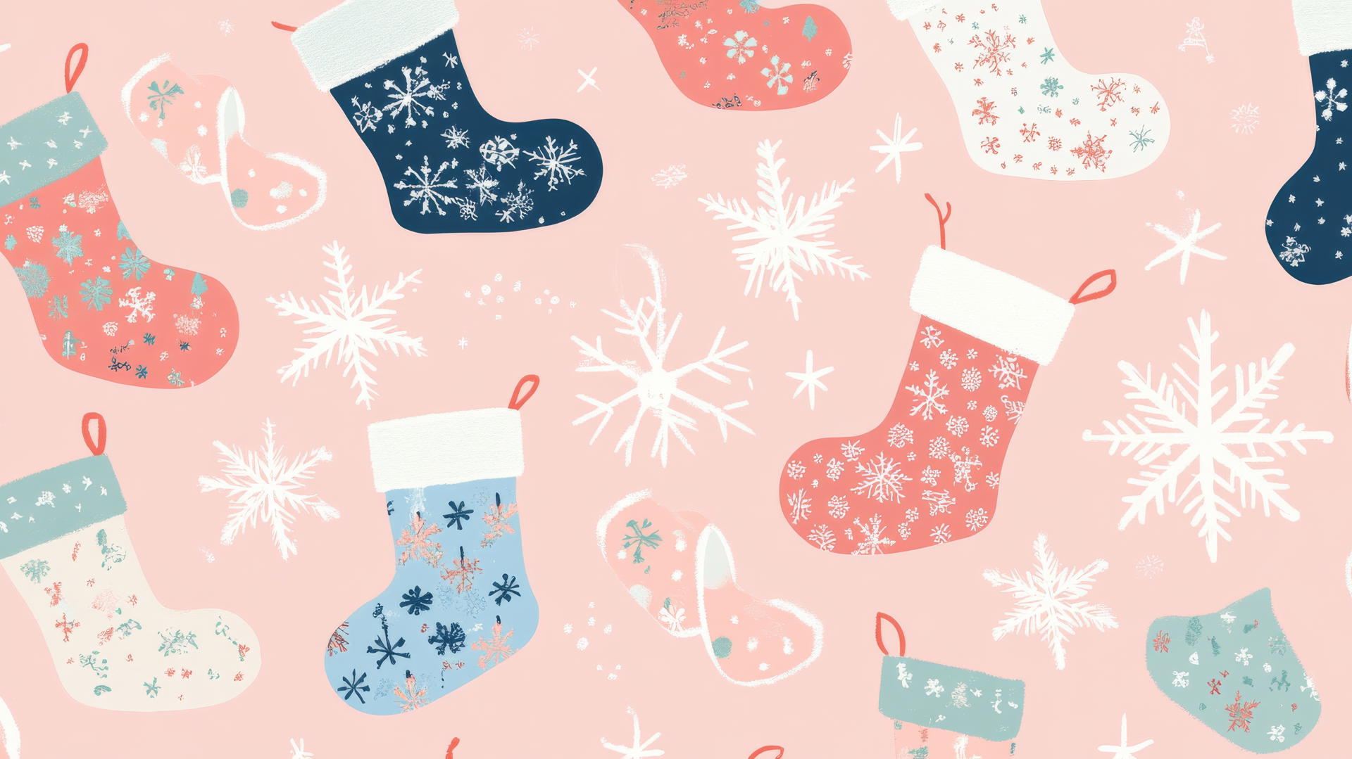 preppy Christmas wallpaper with stockings and snowflakes in pastel colors on a soft pink background