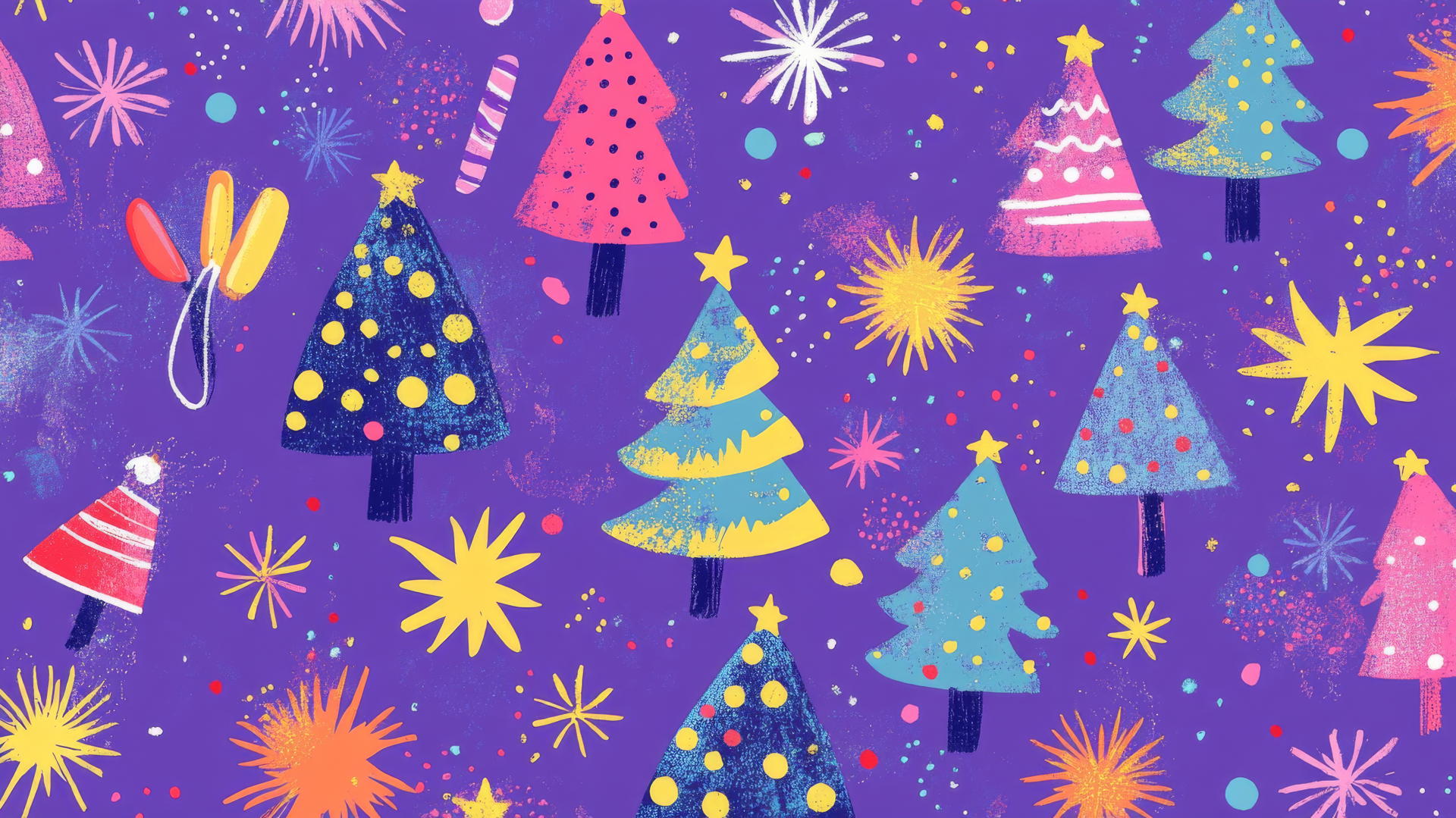 aesthetic preppy Christmas wallpaper with fireworks and Christmas trees on pastel purple background