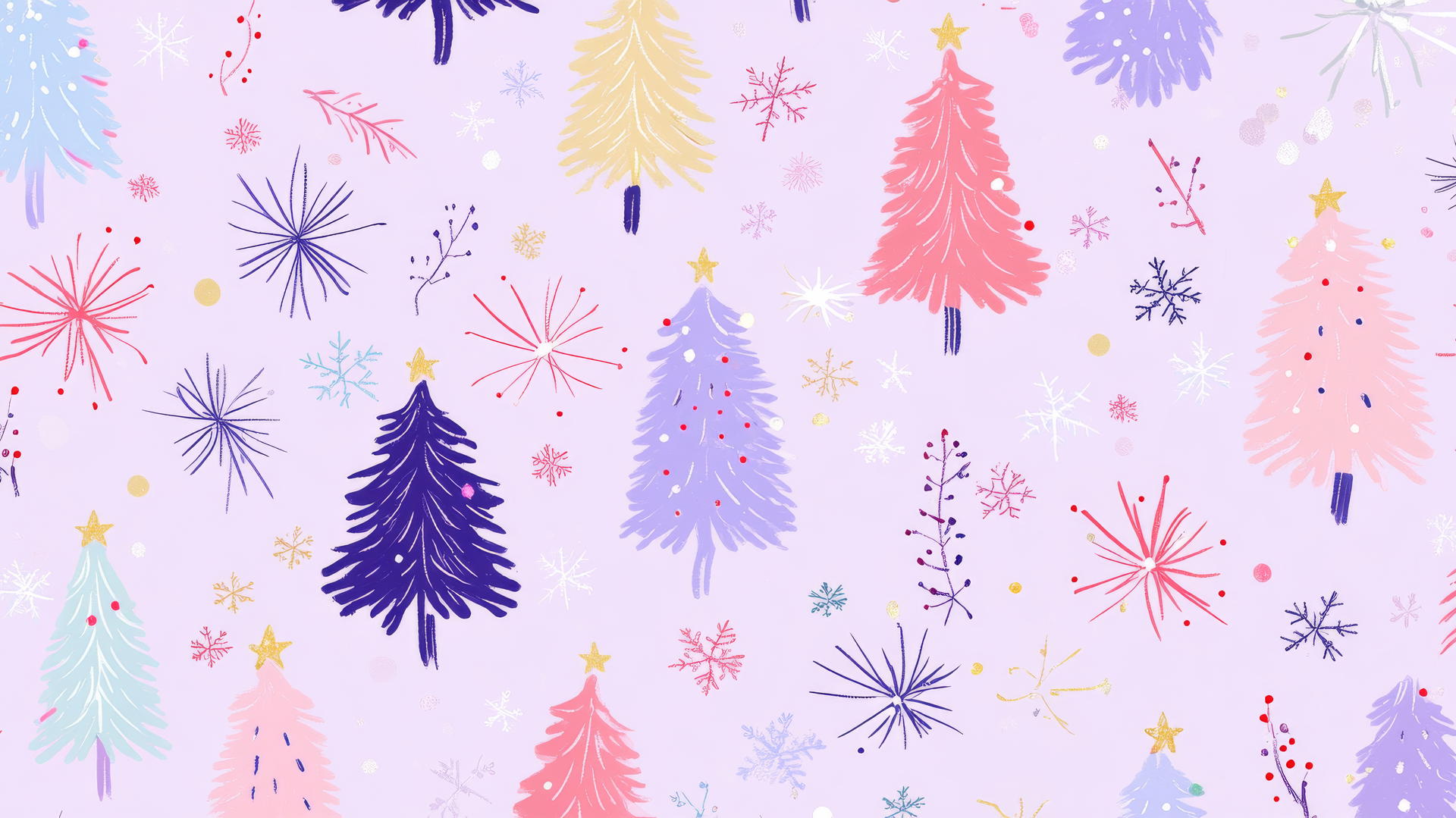aesthetic preppy Christmas wallpaper with fireworks and Christmas trees on pastel purple