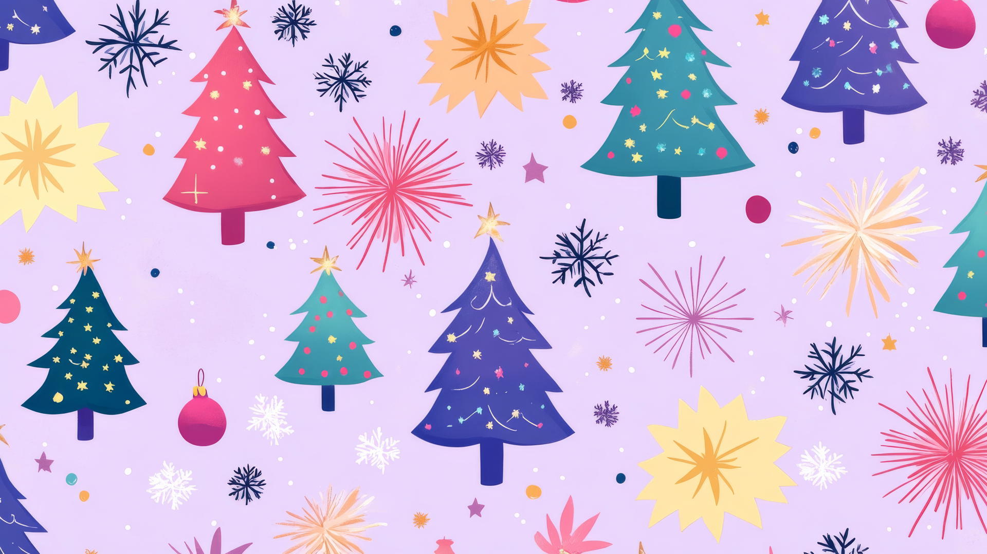 Aesthetic preppy Christmas wallpaper with fireworks and Christmas trees on pastel purple background.