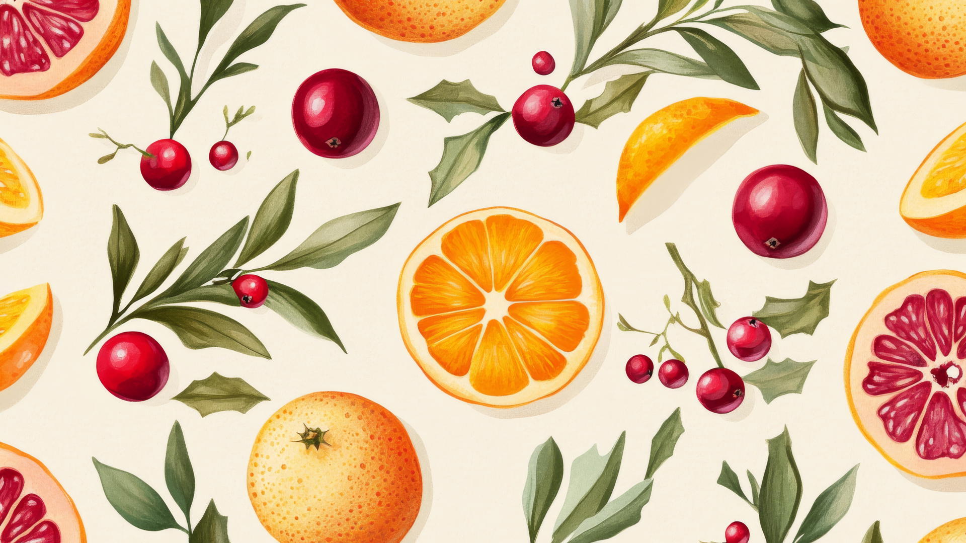 aesthetic preppy Christmas wallpaper with vibrant fruits on beige background