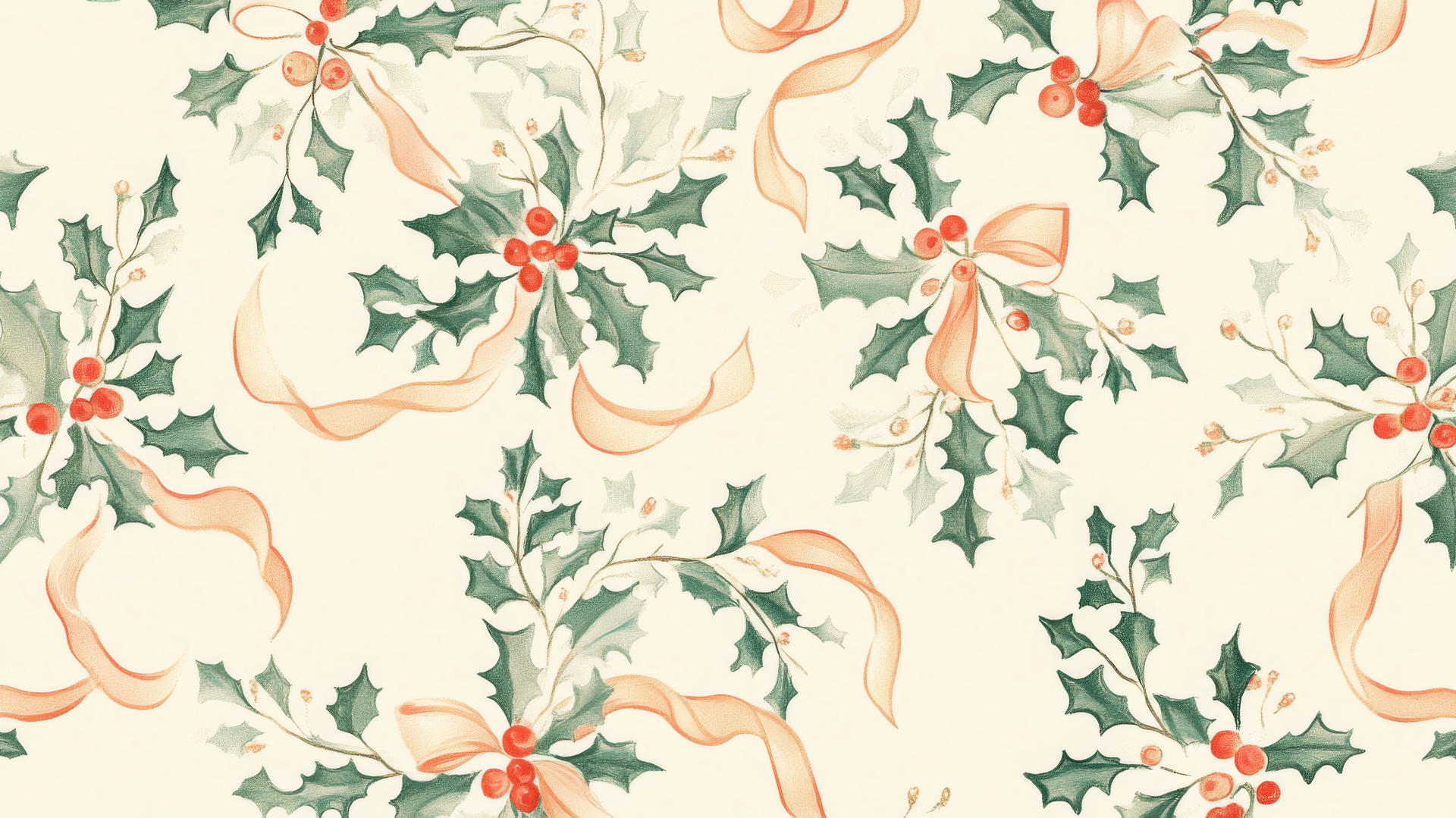 cute preppy Christmas wallpaper with mistletoe and ribbons in pastel on cream