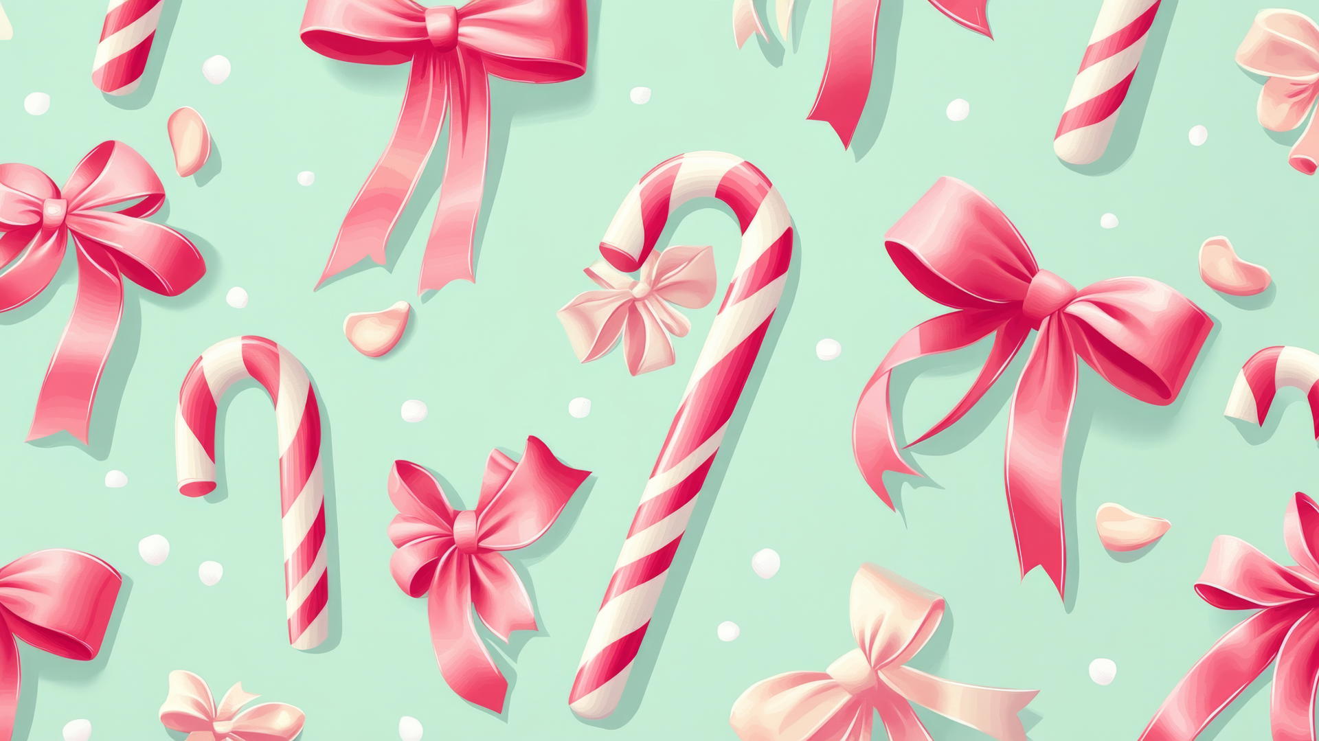Cute preppy Christmas wallpaper with candy canes and pink ribbons on mint green background