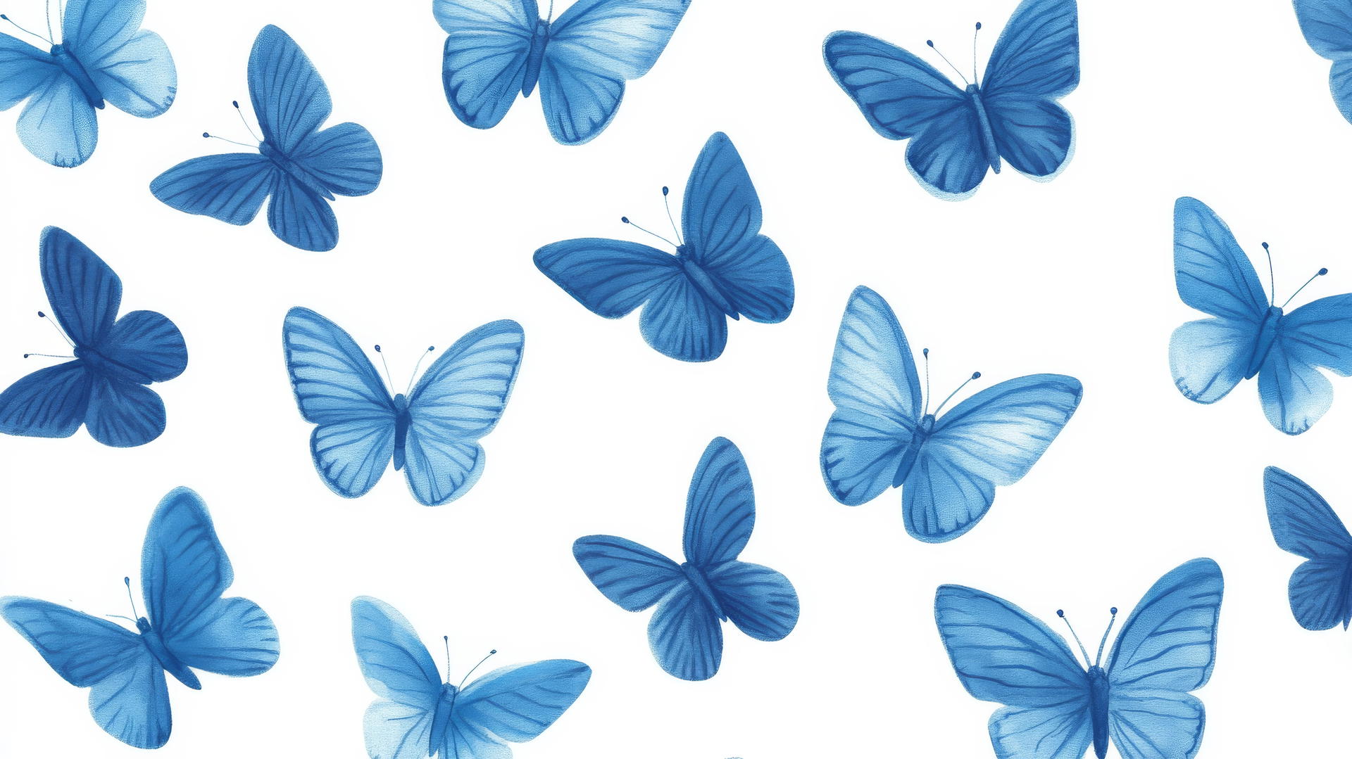 preppy wallpaper with hand-drawn blue butterflies on a white background