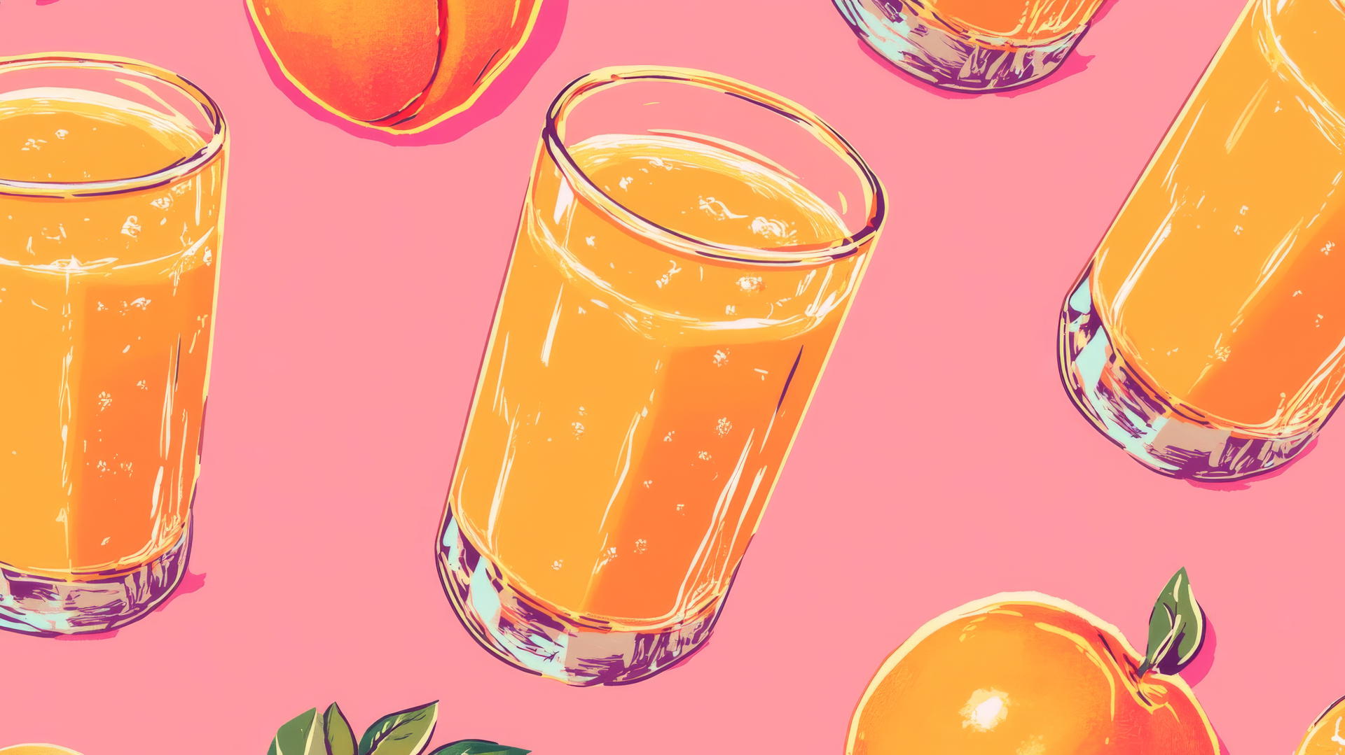 Preppy wallpaper with 8-bit pixel art of peach juice in glass outlines, in orange and pink.