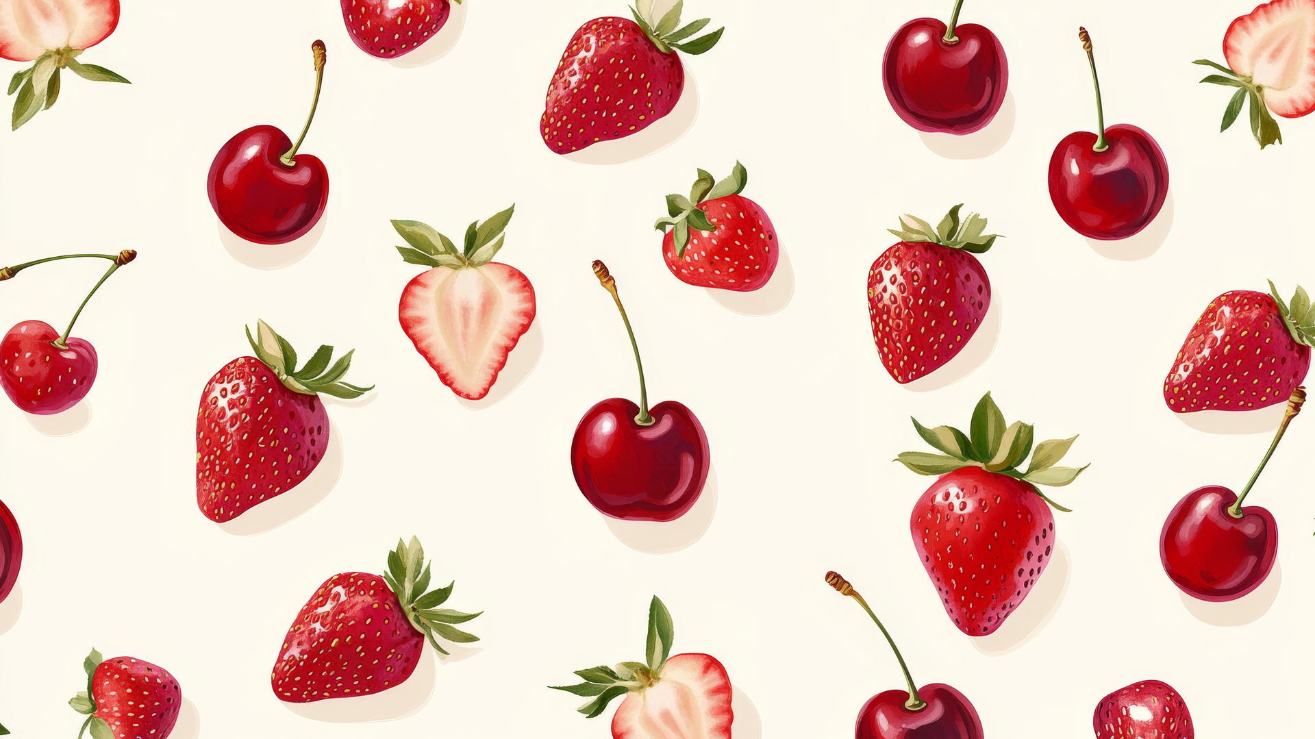 preppy wallpaper with elegant strawberries and cherries pattern on soft cream background