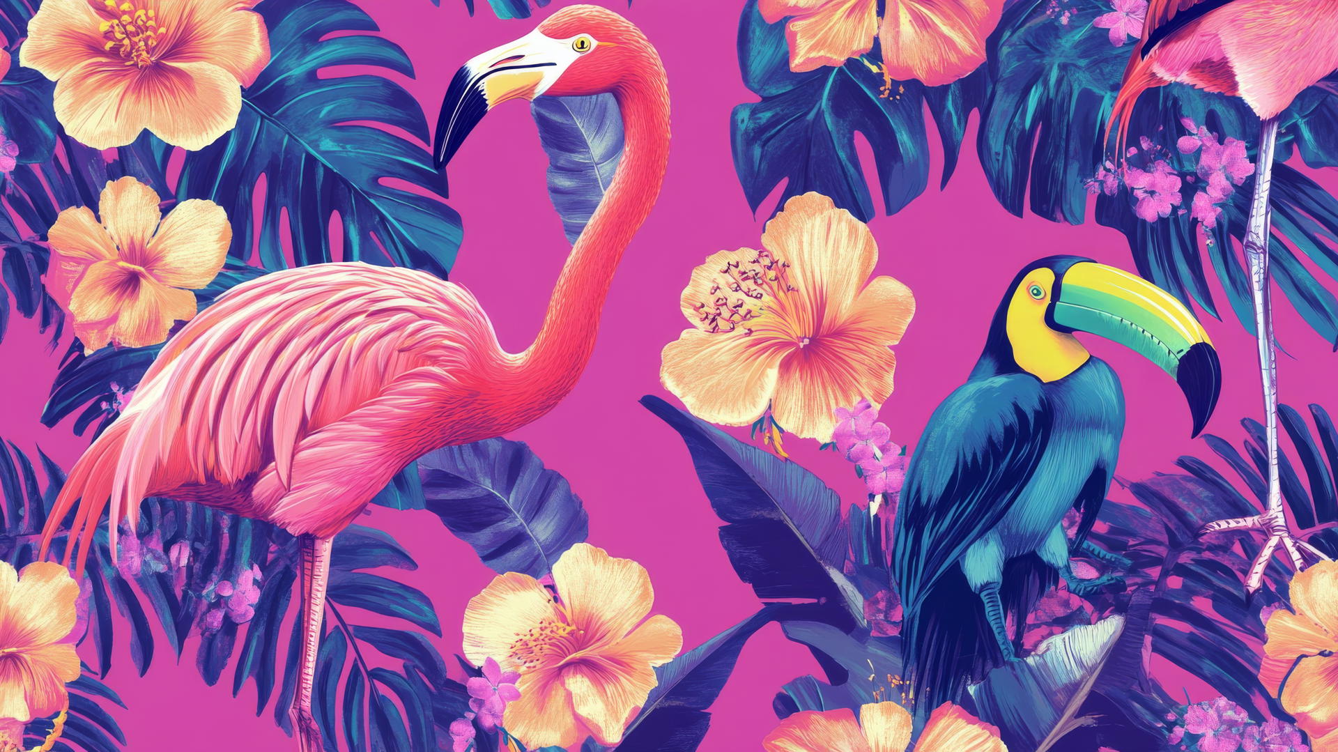 preppy wallpaper pink with flamingos, toucans, and tropical flowers on a hot pink background