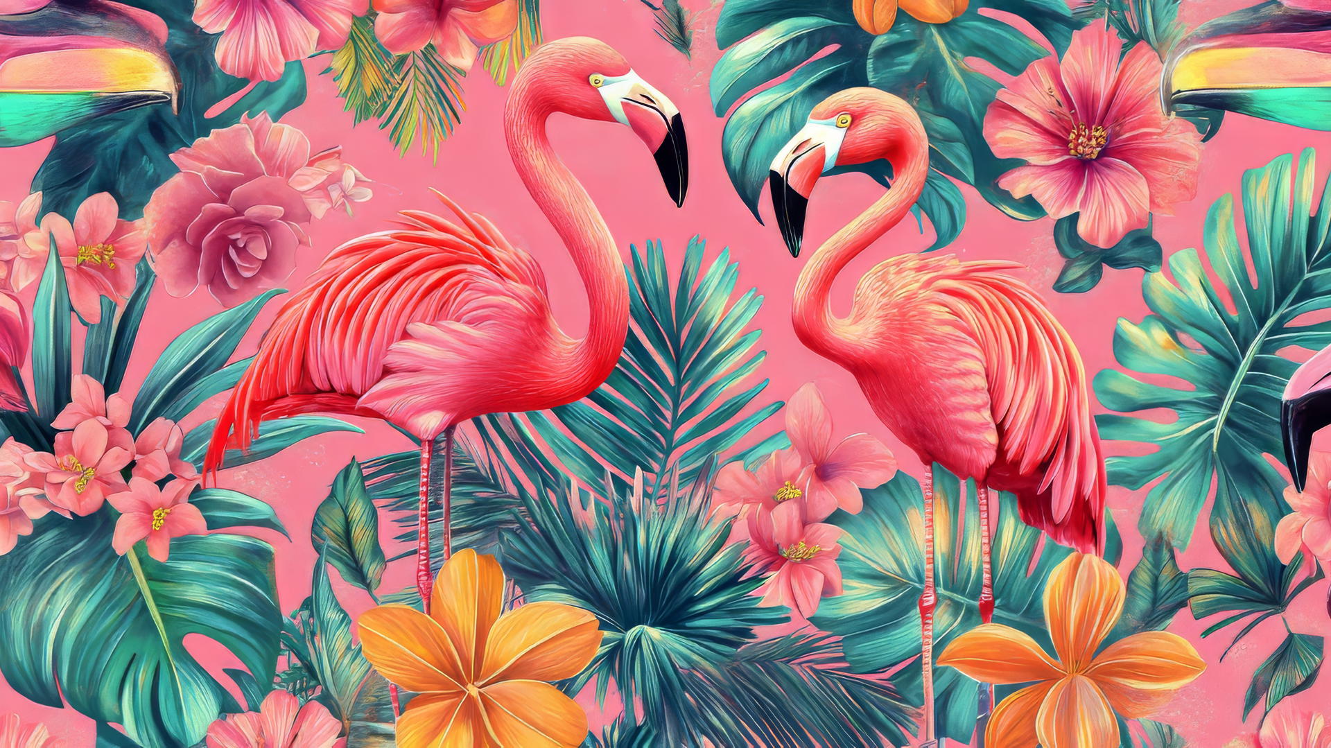 preppy wallpaper pink with flamingos, toucans, and tropical flowers on hot pink background