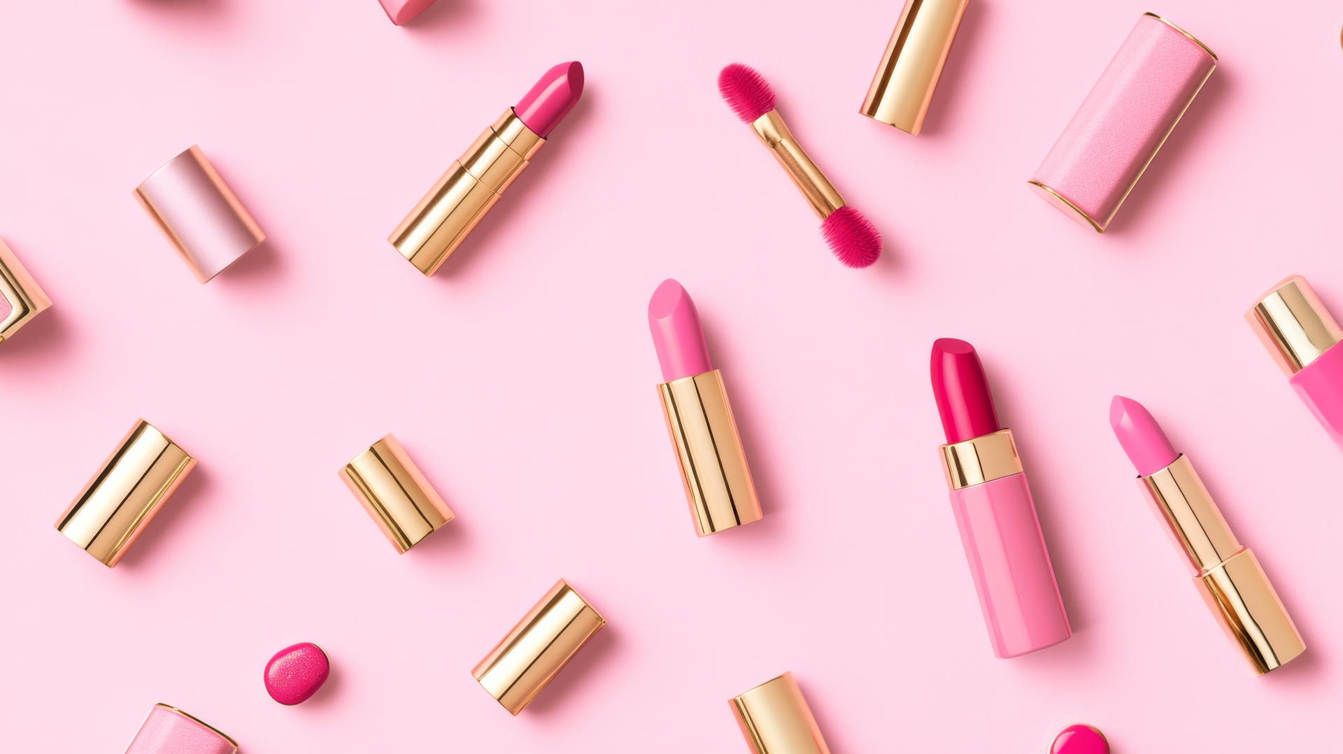 preppy wallpaper pink with chic pattern of pink and gold makeup items