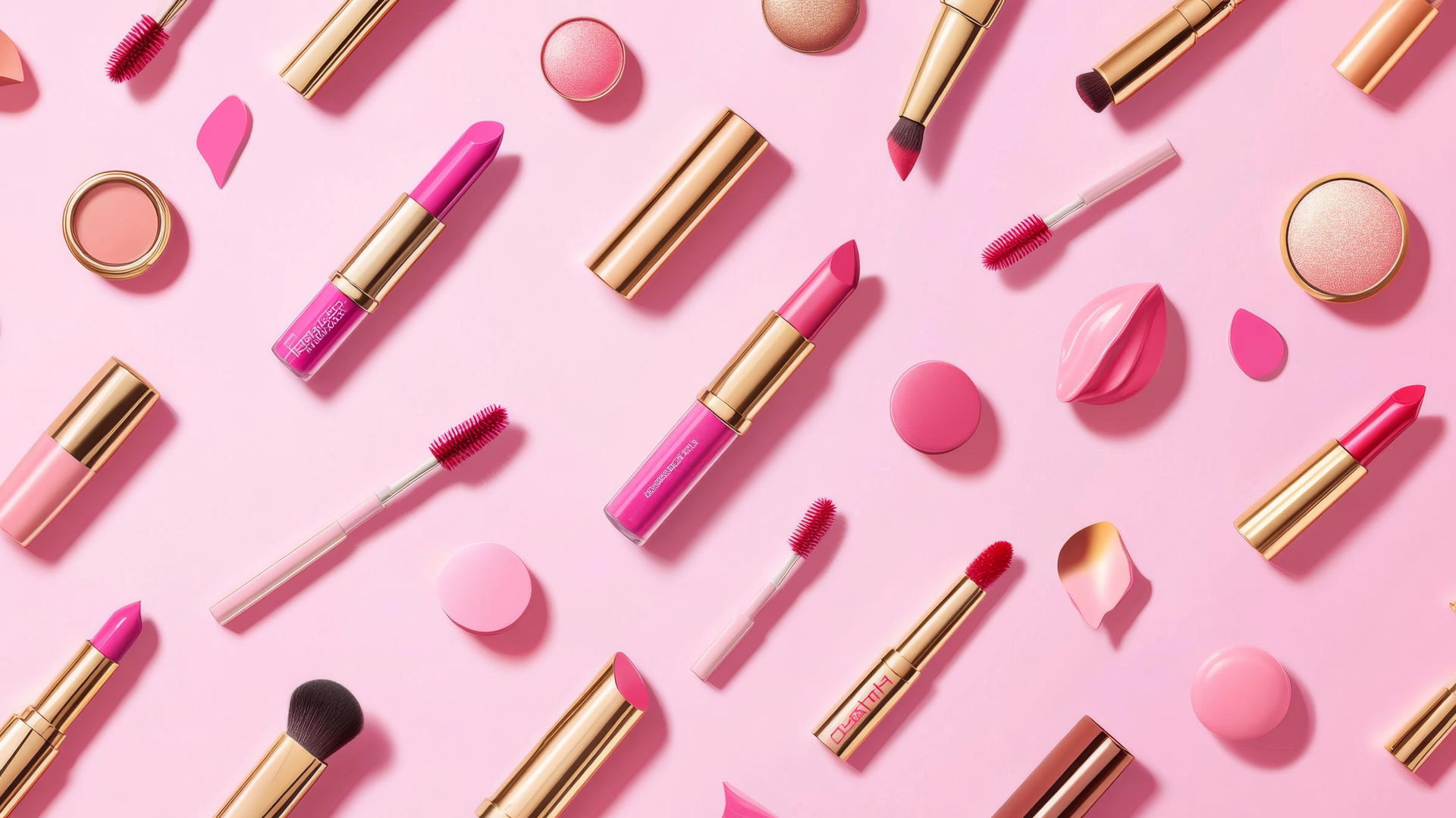 preppy wallpaper pink with chic pattern, gold and pink makeup items on light pink background