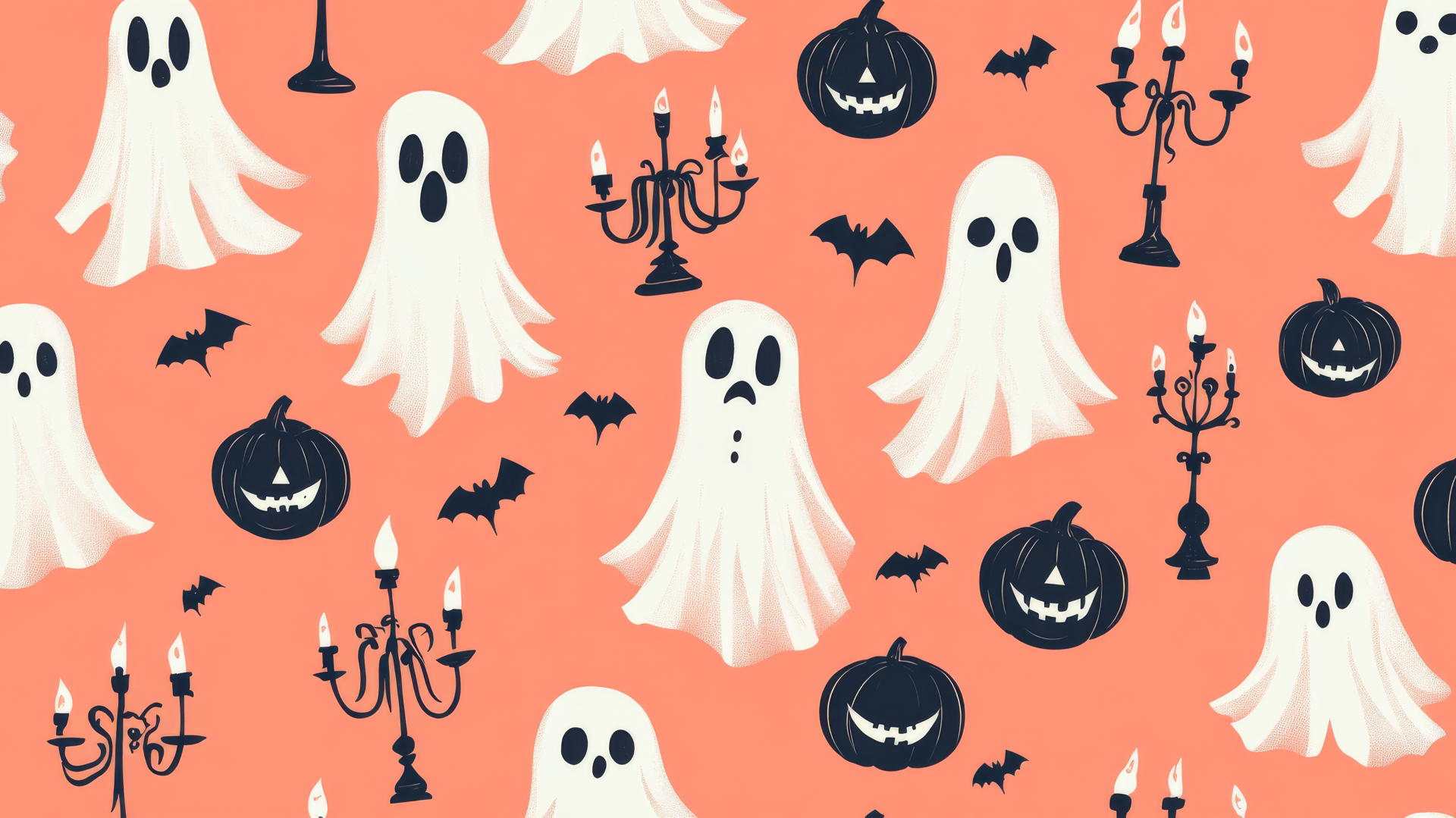 halloween preppy wallpaper with elegant ghosts in formal attire, haunted candelabras, and monogrammed pumpkins on pastel coral background