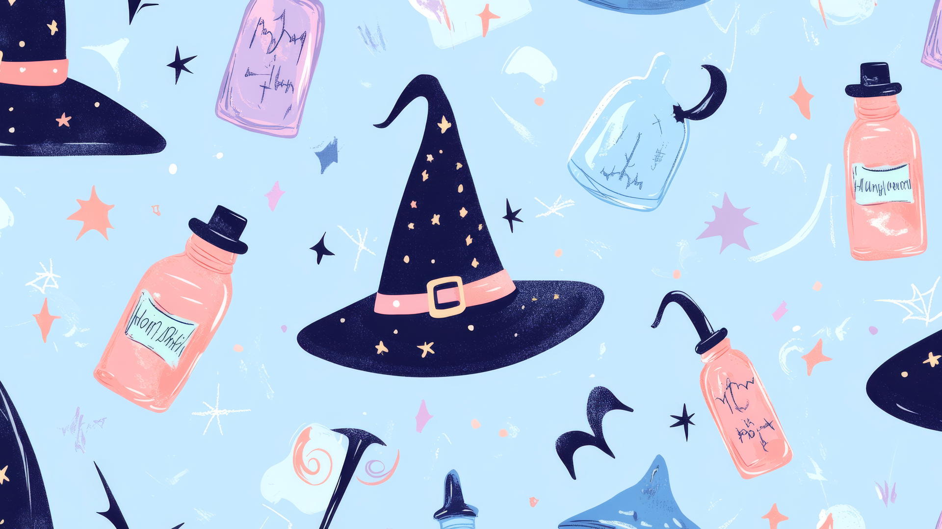 halloween preppy wallpaper with pastel witches' hats, potion bottles, and magical wands