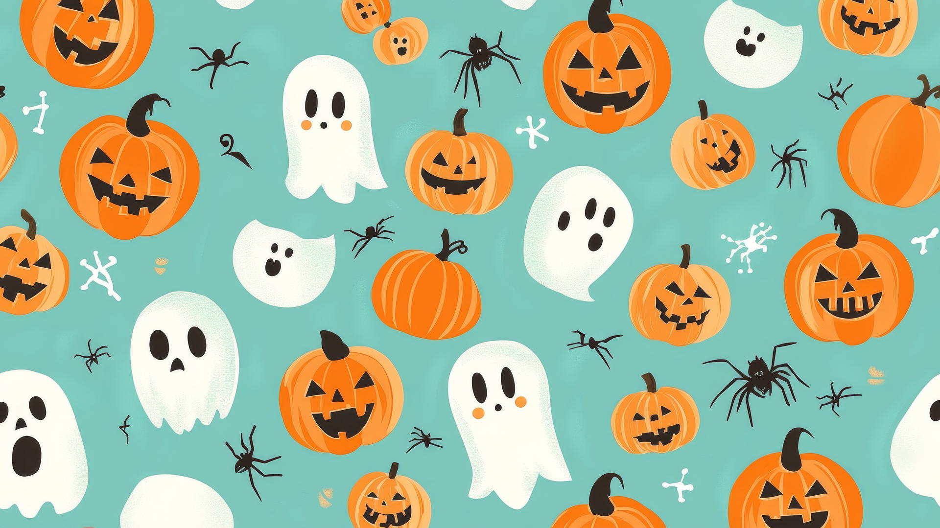 Pattern of smiling jack-o'-lanterns, spiders, and ghosts on pastel teal background, halloween wallpaper preppy