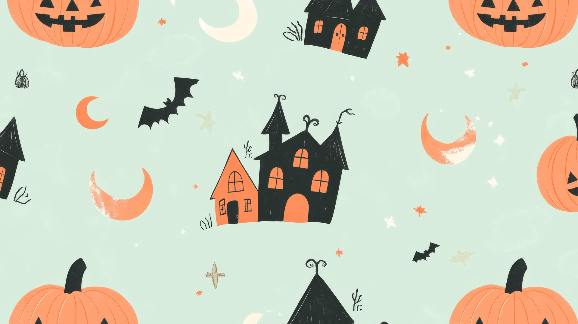 halloween wallpaper preppy with playful pumpkins, haunted houses, and crescent moons on pastel mint green background