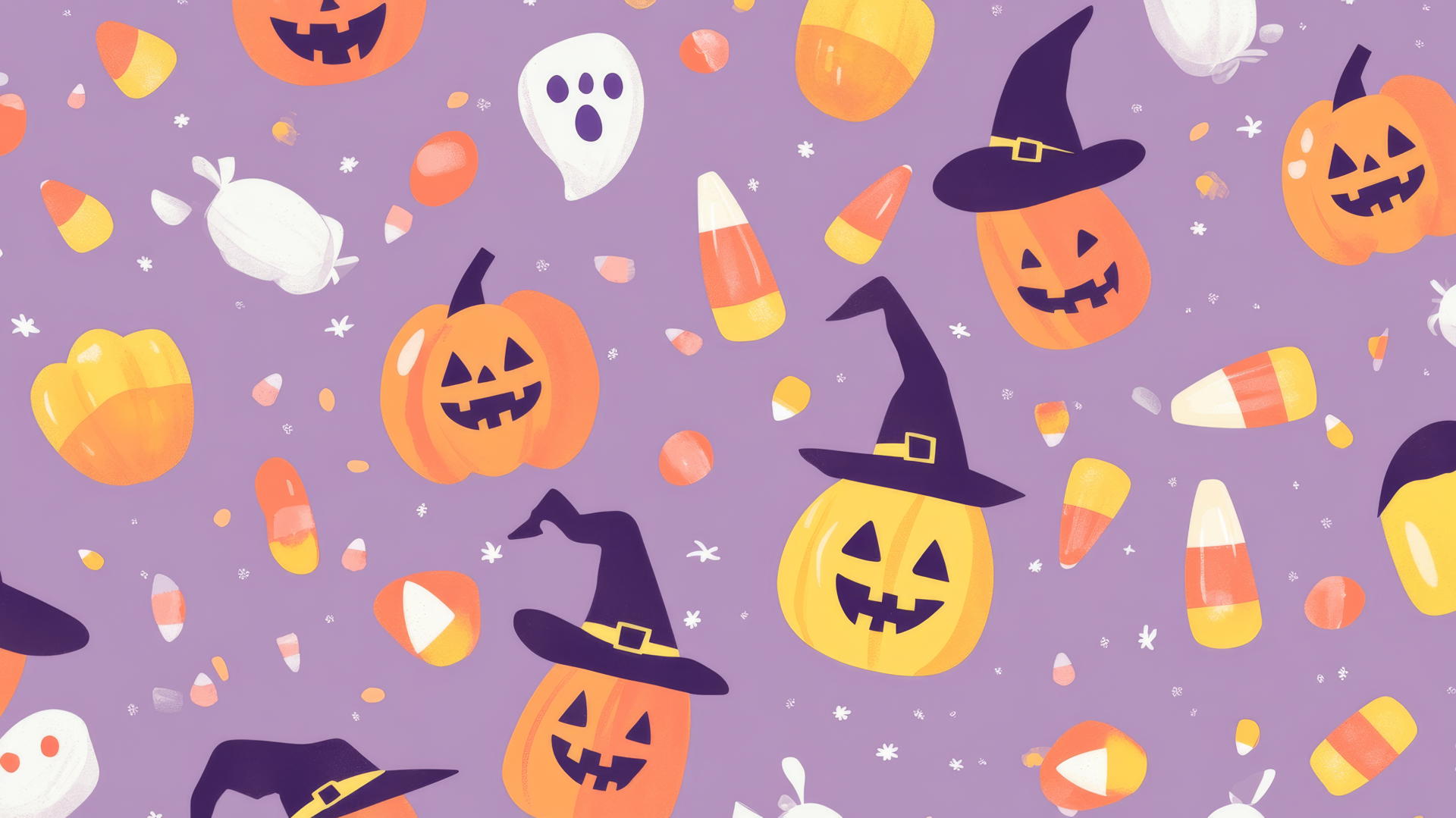 cartoon cute witches, smiling pumpkins, candy corn on pastel purple, halloween wallpaper preppy