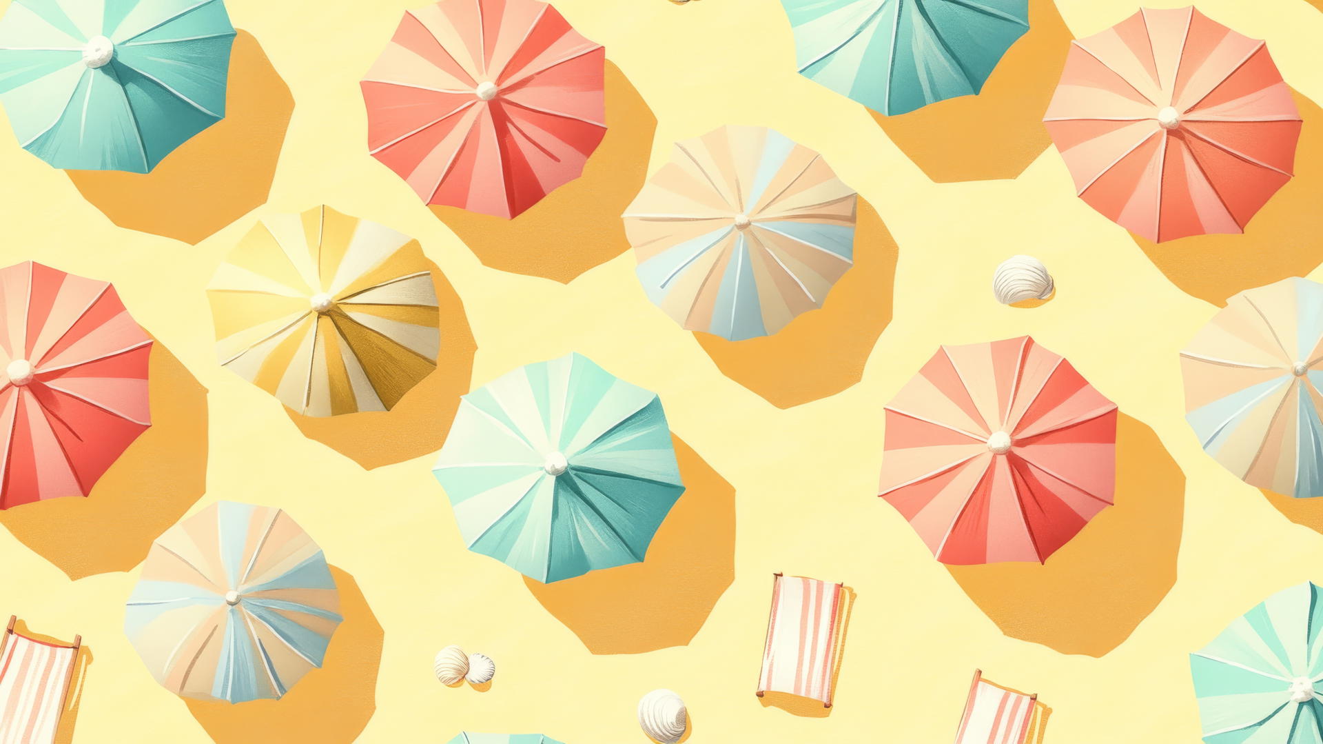 preppy summer wallpaper with pastel beach umbrellas, towels, waves, and seashells on yellow background