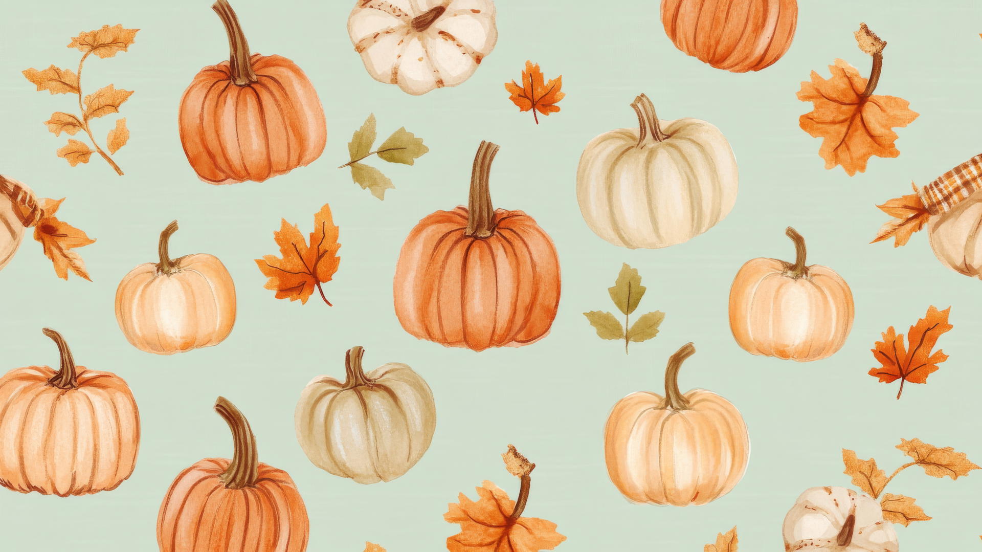 preppy autumn wallpaper with hand-drawn pumpkins, gourds, fall leaves, and plaid scarves on a mint green background