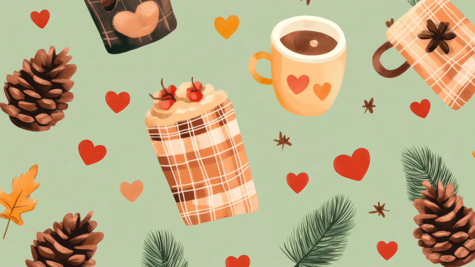 Preppy fall wallpaper with fall-themed icons on pastel green
