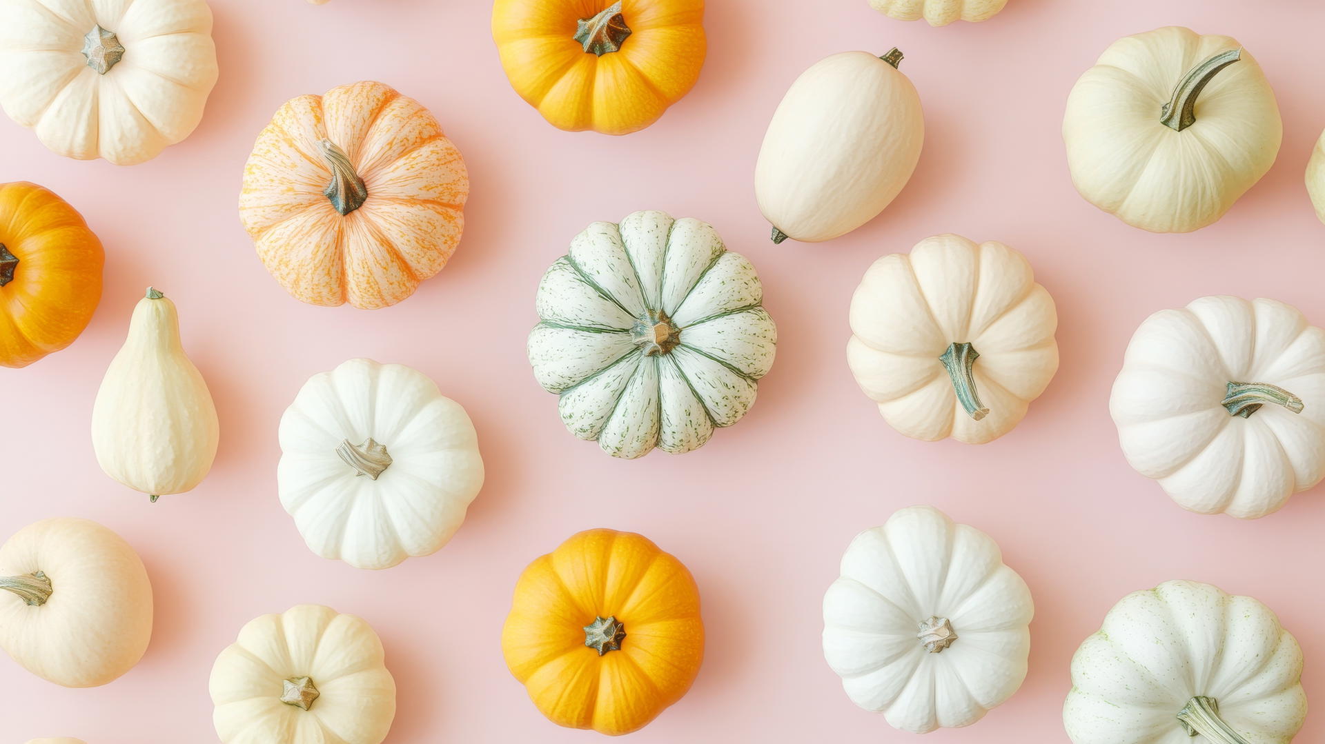 preppy fall wallpaper with pastel pumpkins and gourds on light pink background
