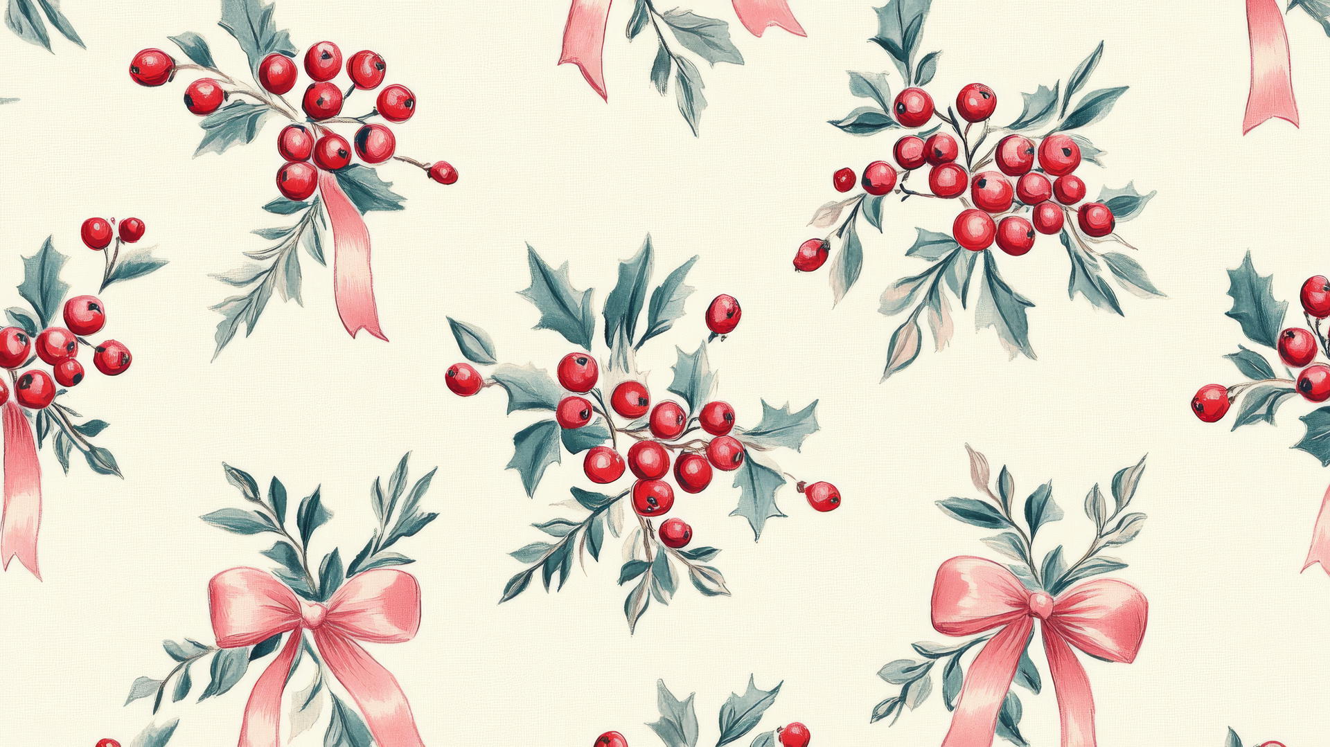 preppy winter wallpaper with red berries and pink ribbon bows on cream background