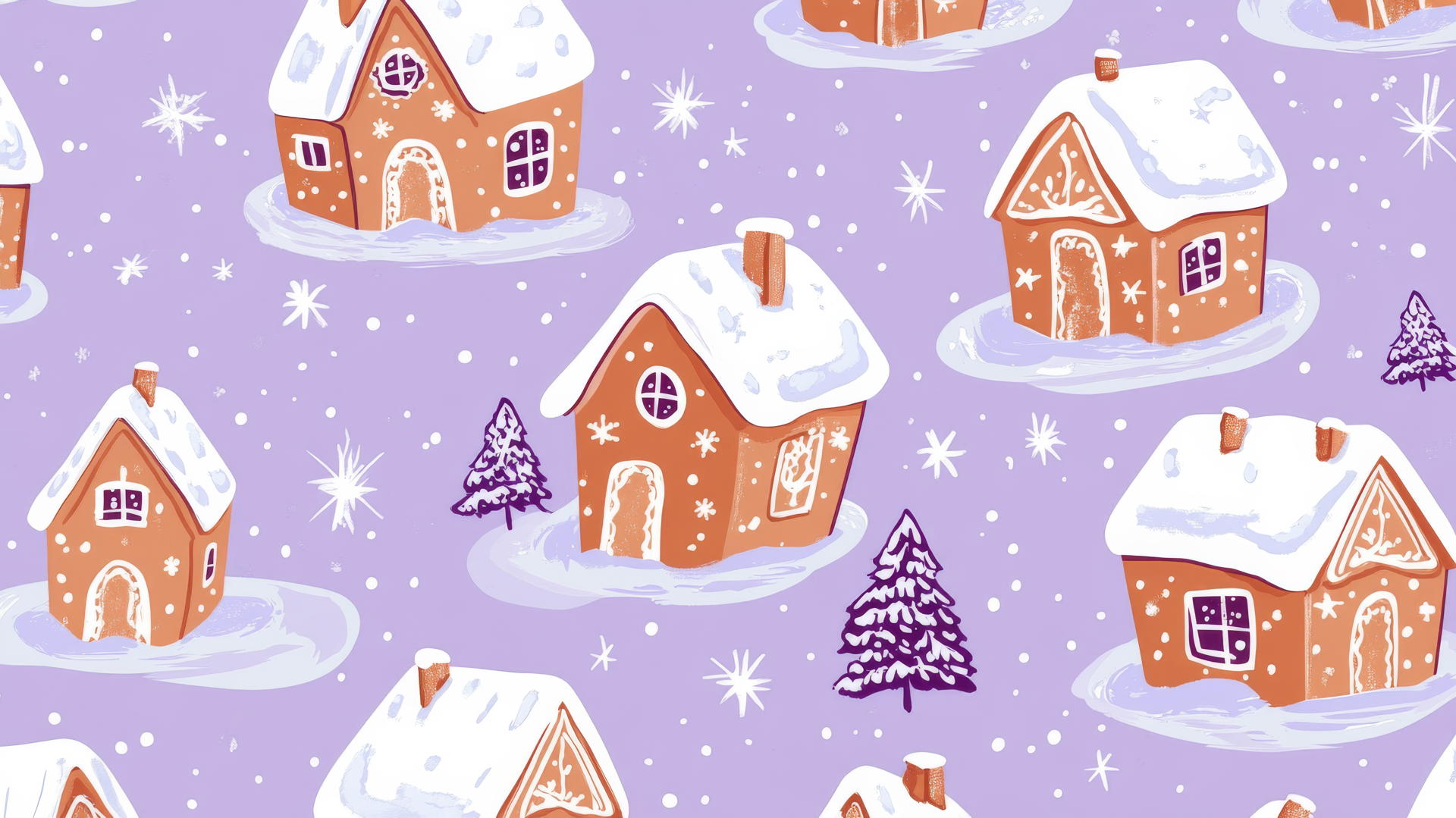 preppy winter wallpaper with gingerbread houses, stars, and snow-covered rooftops