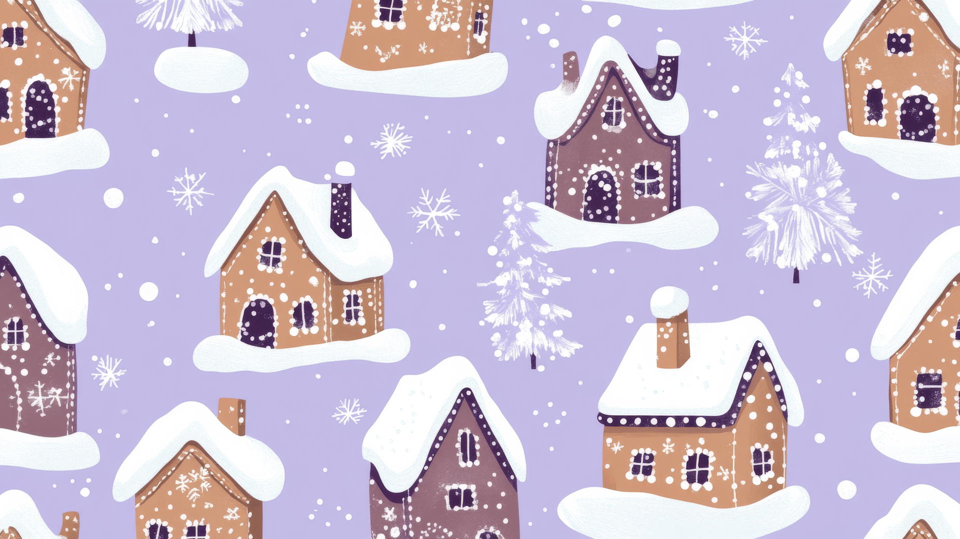preppy winter wallpaper with gingerbread houses, twinkling stars, and snow on a lavender background