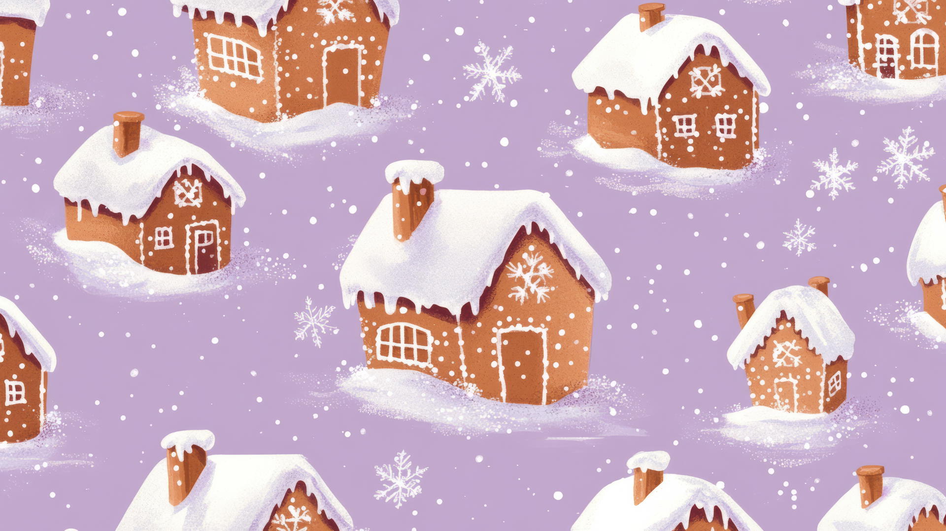 preppy winter wallpaper with gingerbread houses, stars, and snow on pastel lavender