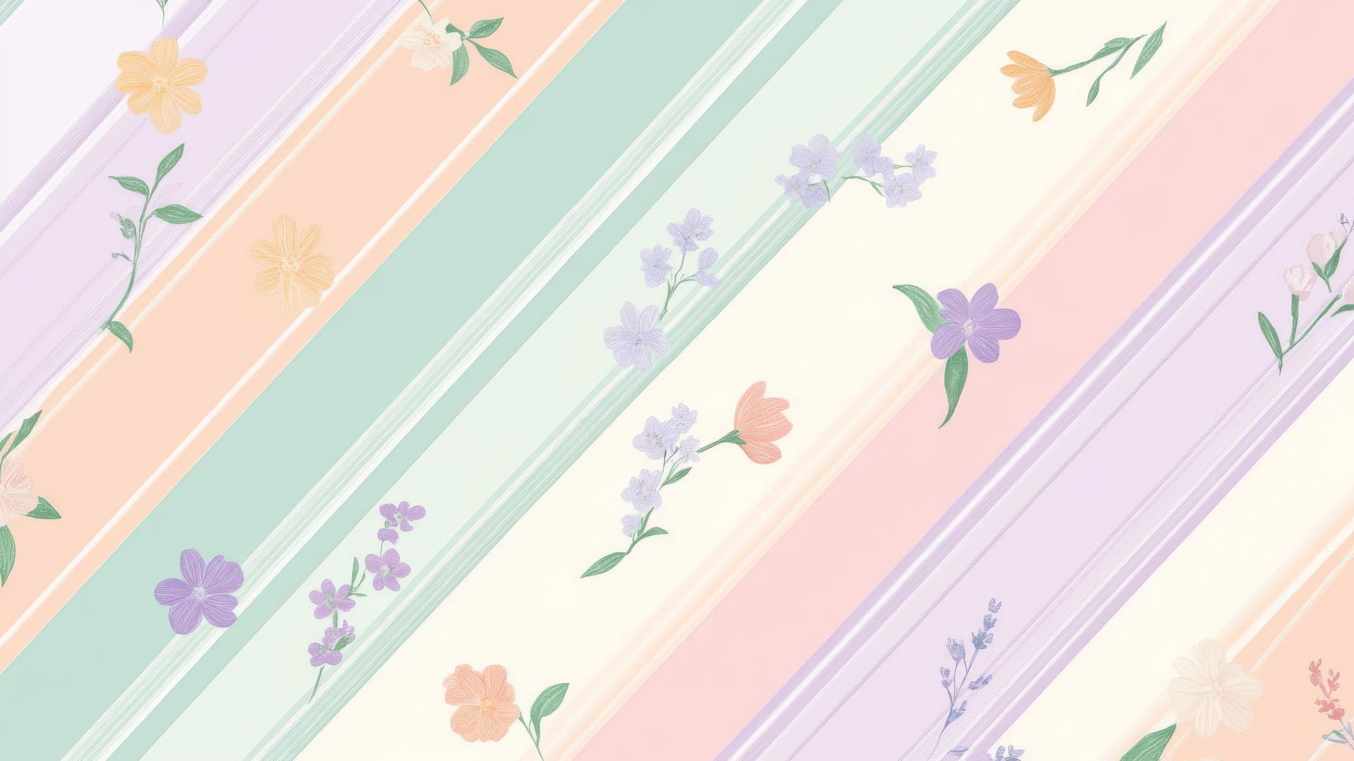 Preppy spring wallpaper with pastel diagonal stripes and cute floral motifs