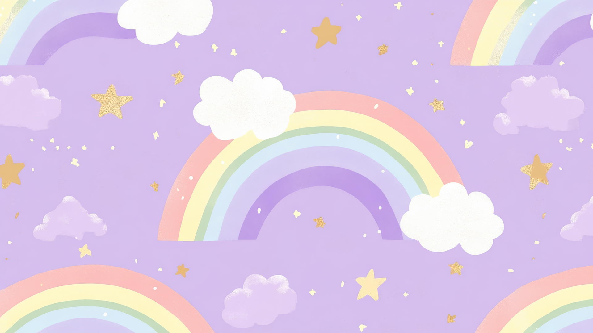 preppy wallpaper purple with pastel rainbows, clouds, and golden stars