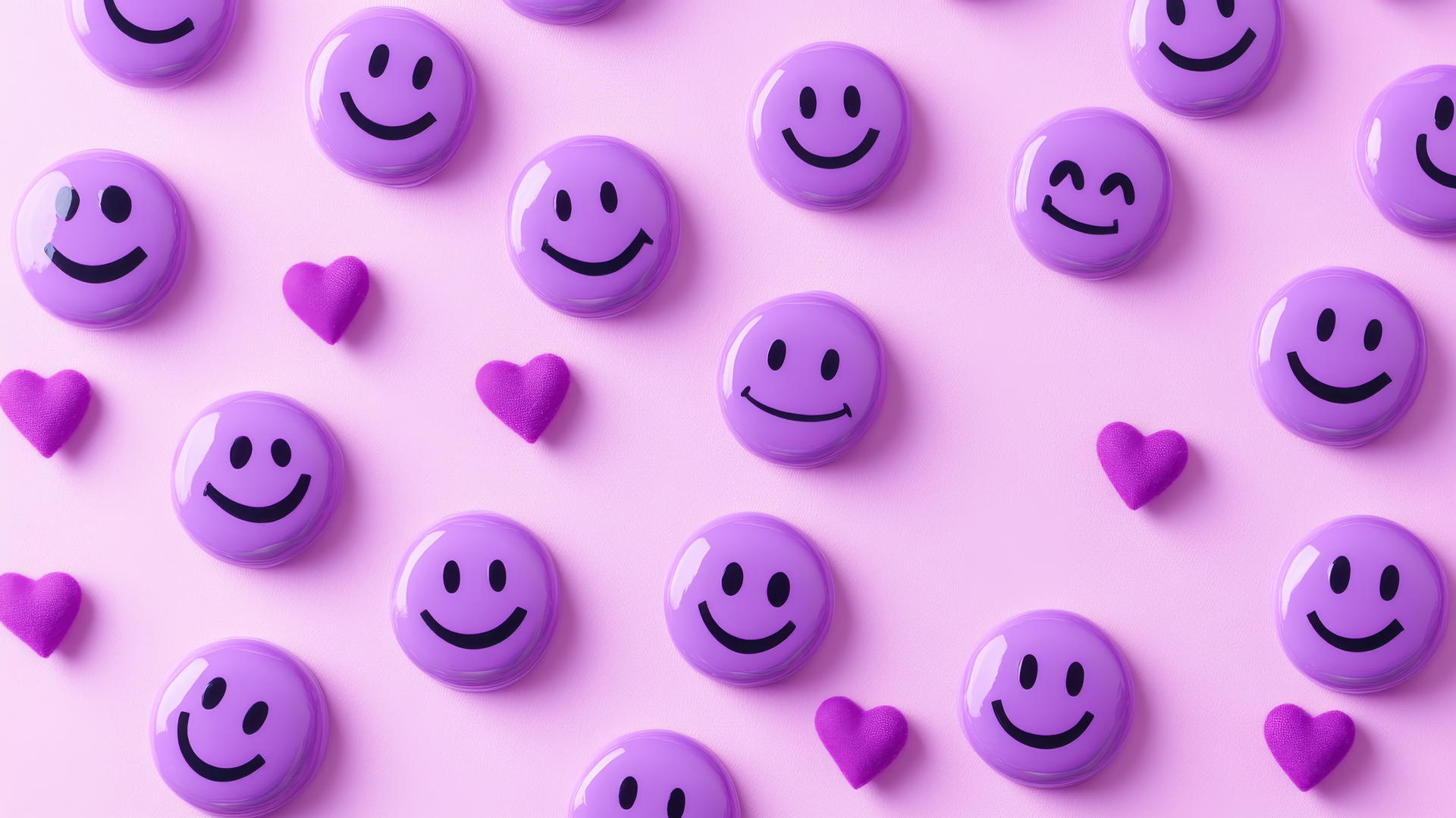 preppy purple wallpaper with cute smiley faces and colorful hearts on lavender background