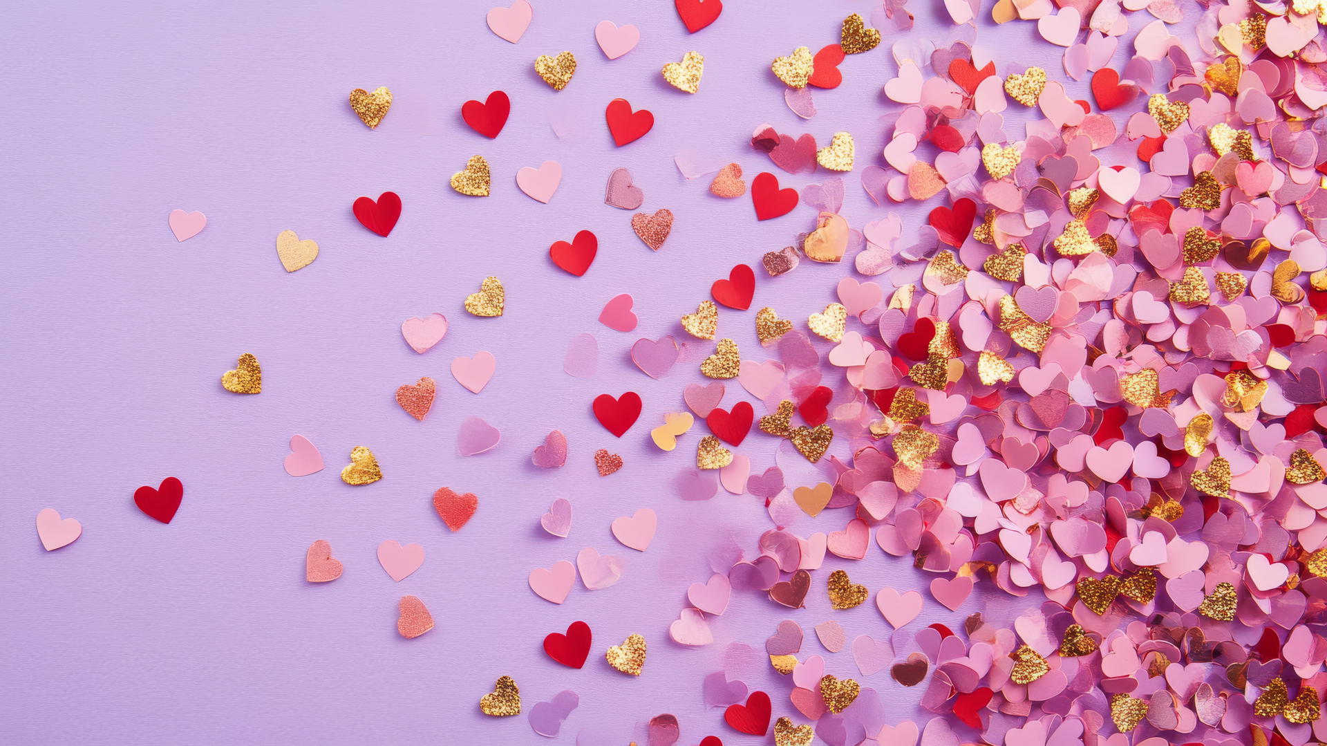 preppy valentines wallpaper with heart-shaped confetti in pink, red, and gold on pastel purple