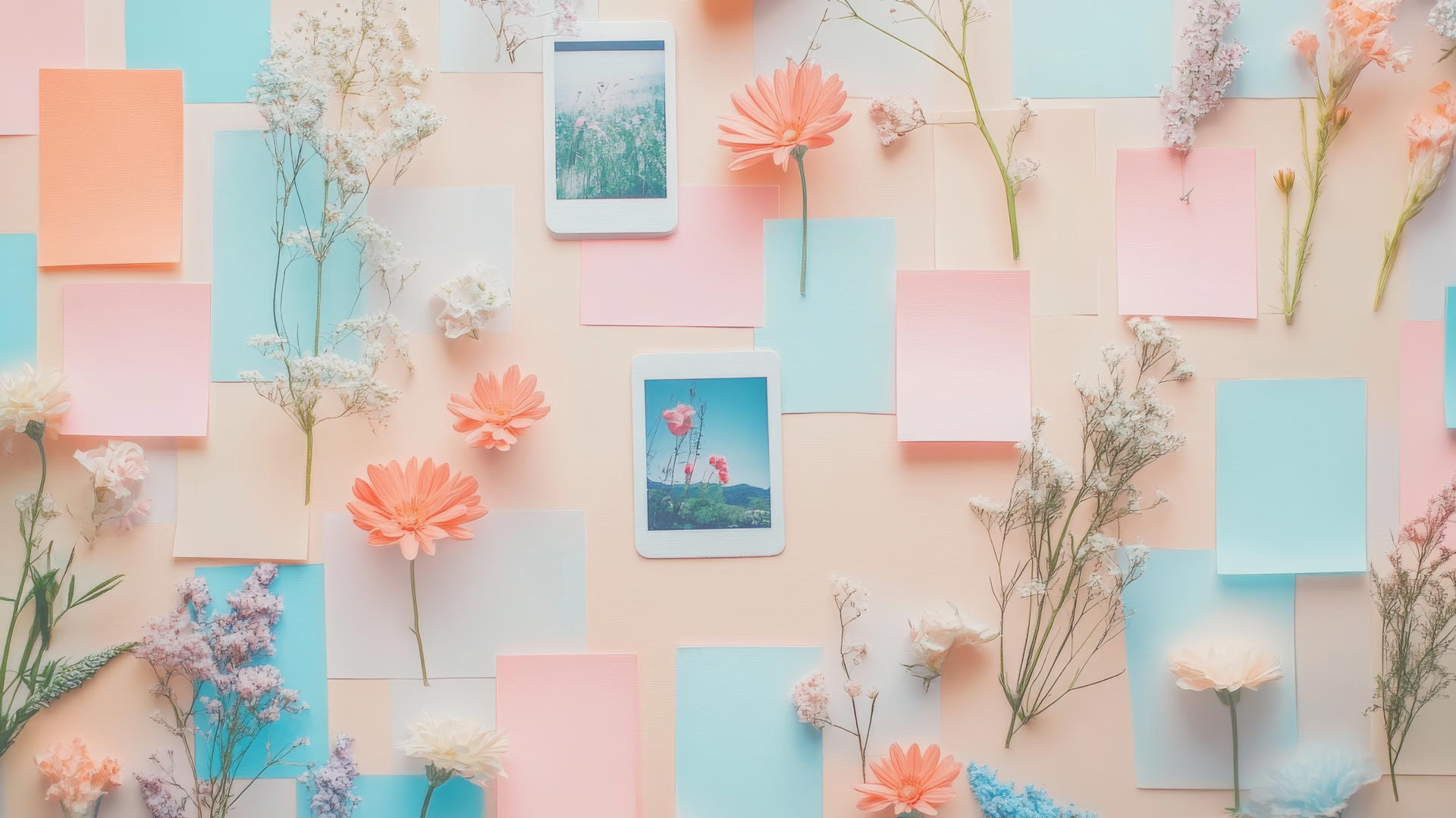 popular cute wallpapers for girls with polaroid photos, sticky notes, flowers, and doodles