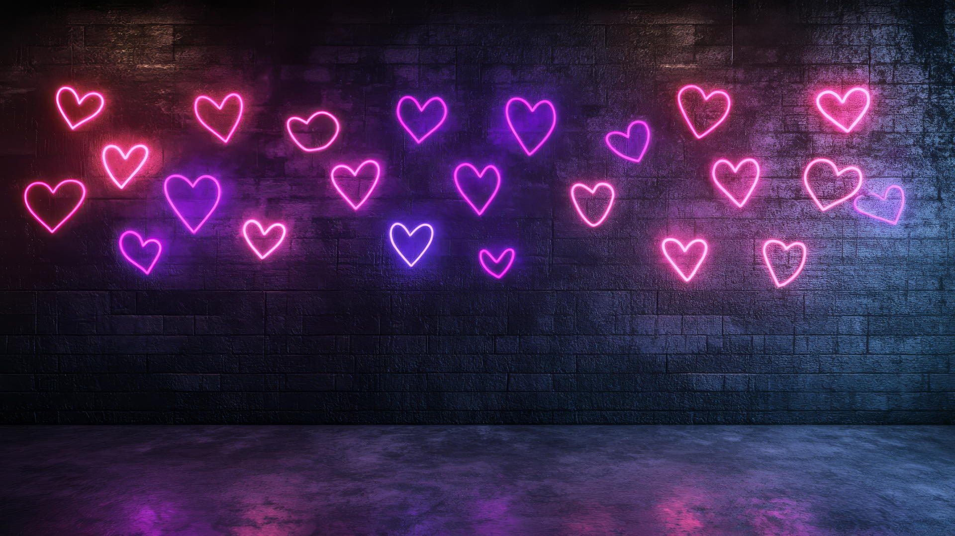 black wallpaper for girls with neon pink and purple heart shapes glowing softly