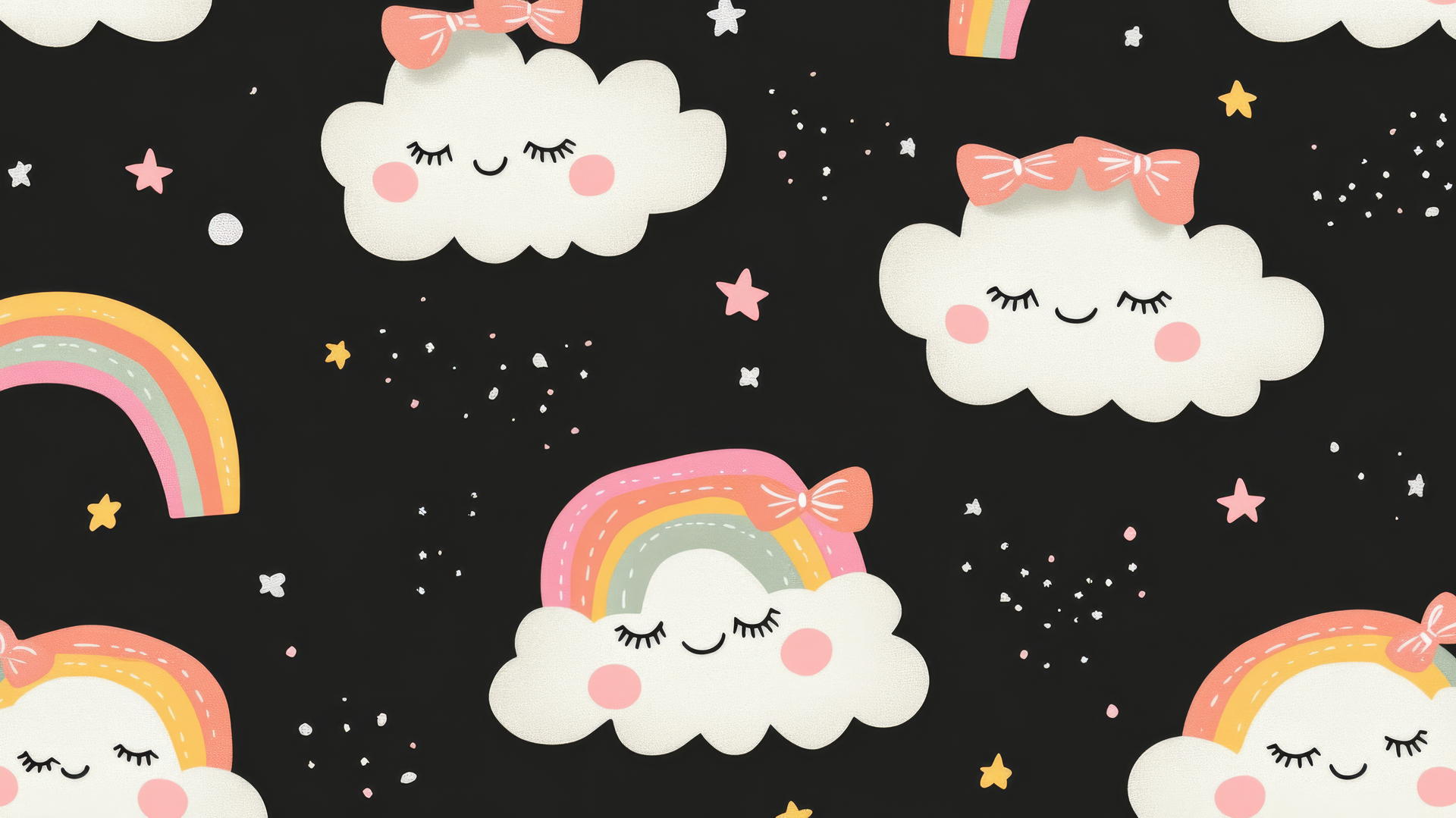 cute black wallpaper with smiling clouds, rainbows, and bows