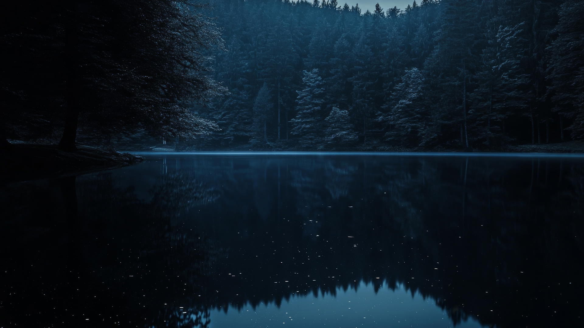 Aesthetic black wallpaper of serene night scene with a calm lake and dark forest