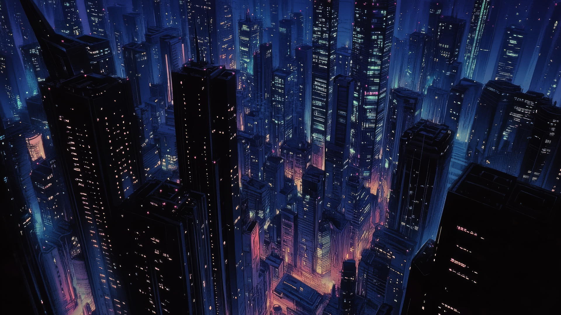 Black wallpaper aesthetic of a futuristic city at night with illuminated skyscrapers.