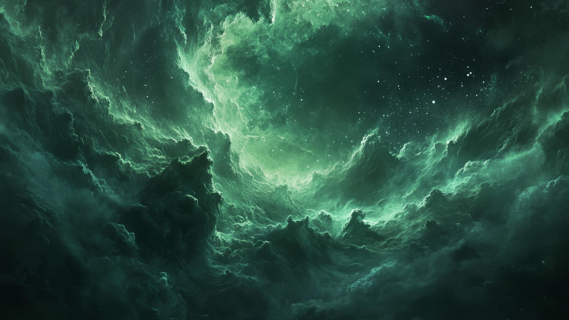 dreamy emerald green wallpaper with abstract night sky, swirling clouds, and stars