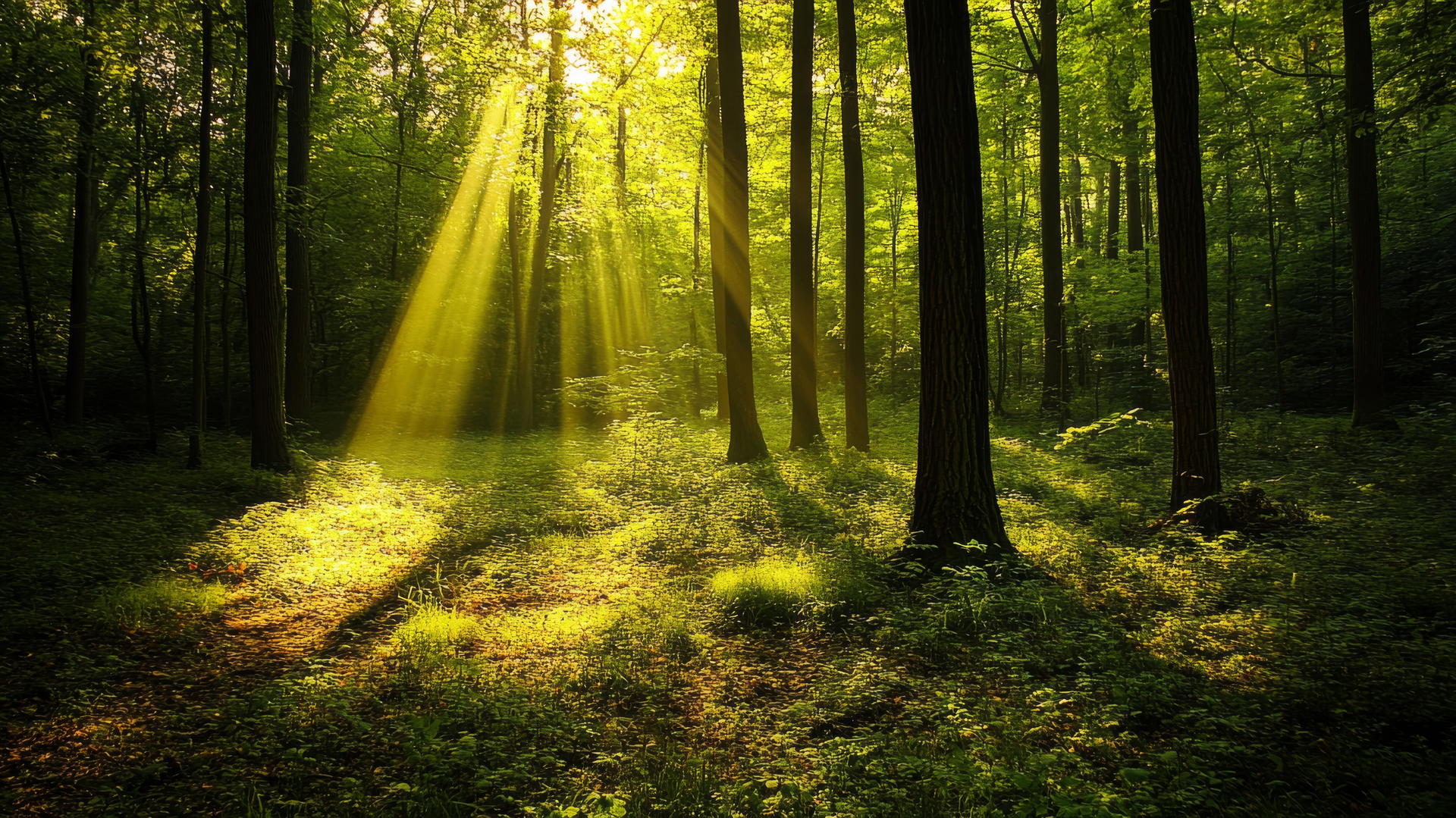 Green wallpaper of a serene forest scene with sunlight creating dappled shadows