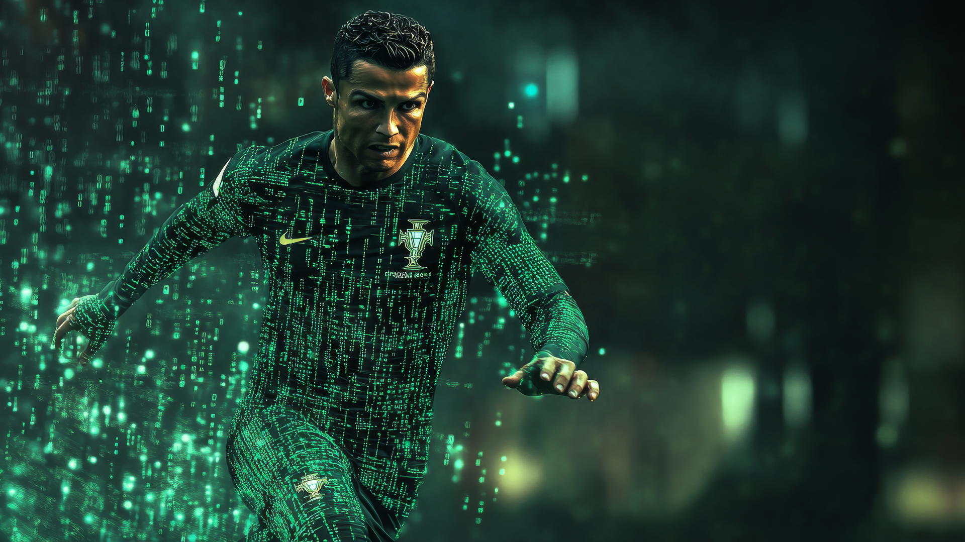Cool Ronaldo wallpaper 4K with Cristiano Ronaldo surrounded by digital code in a glowing green and black theme