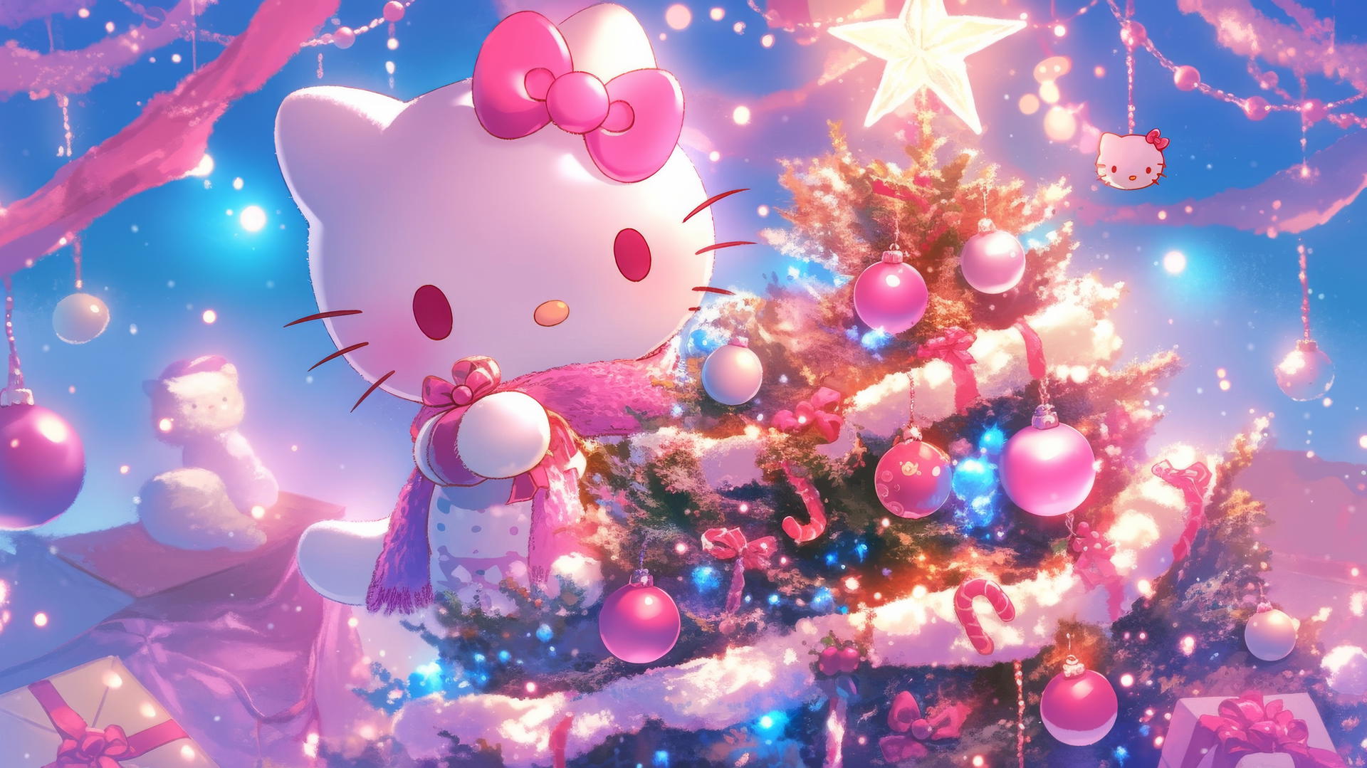 hello kitty christmas wallpaper with Hello Kitty decorating a pink Christmas tree