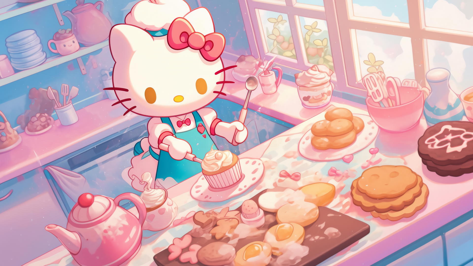 Cute Hello Kitty wallpaper with Hello Kitty as a baker, with cupcakes and cookies